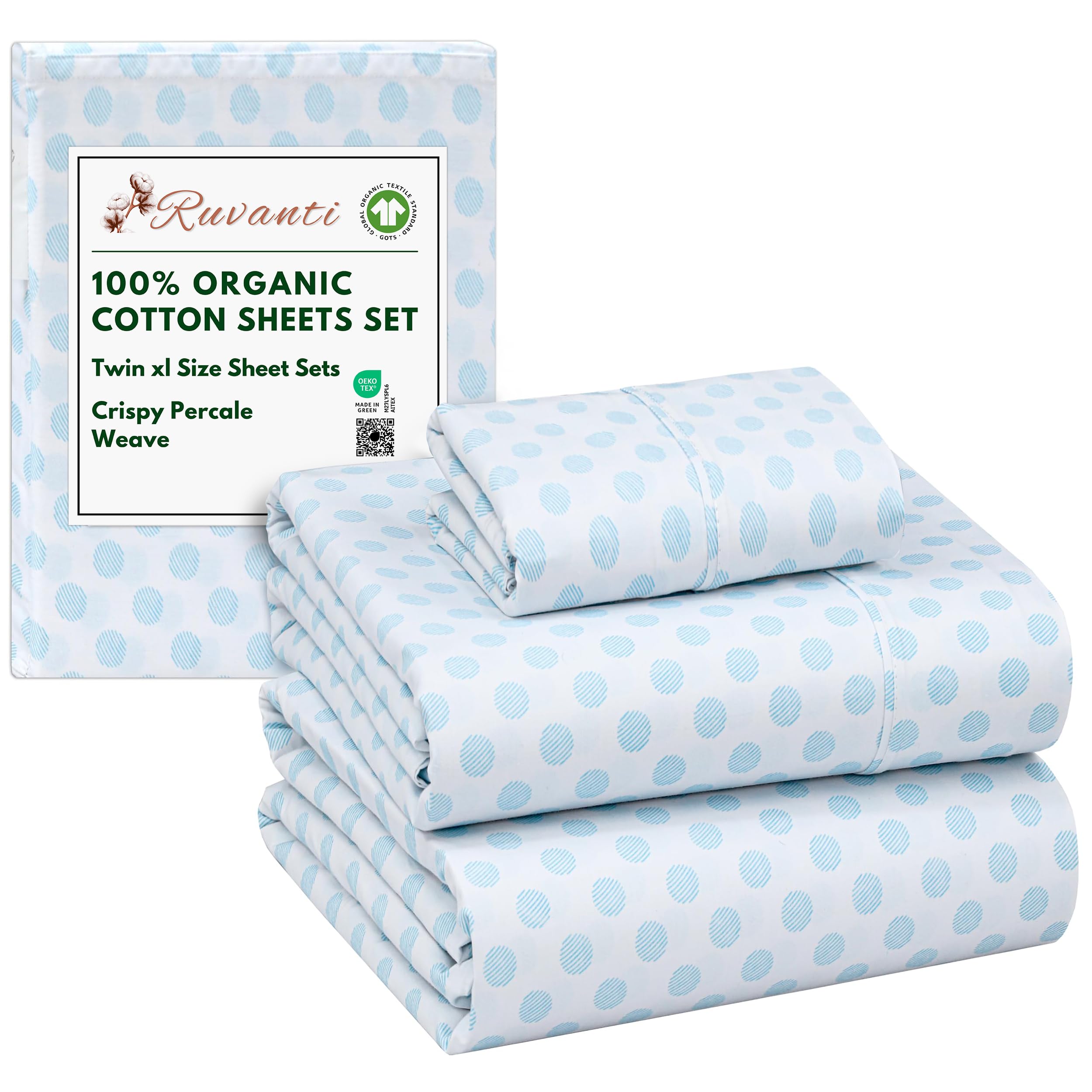 RUVANTI 100% Organic Cotton Sheets Queen Size, Percale Weave, GOTS Certified, 4-Piece Set, Deep Pocket 15", Crisp & Breathable, Soft Durable Bedding, Sábanas Algodón Orgánico – Daisy Bud