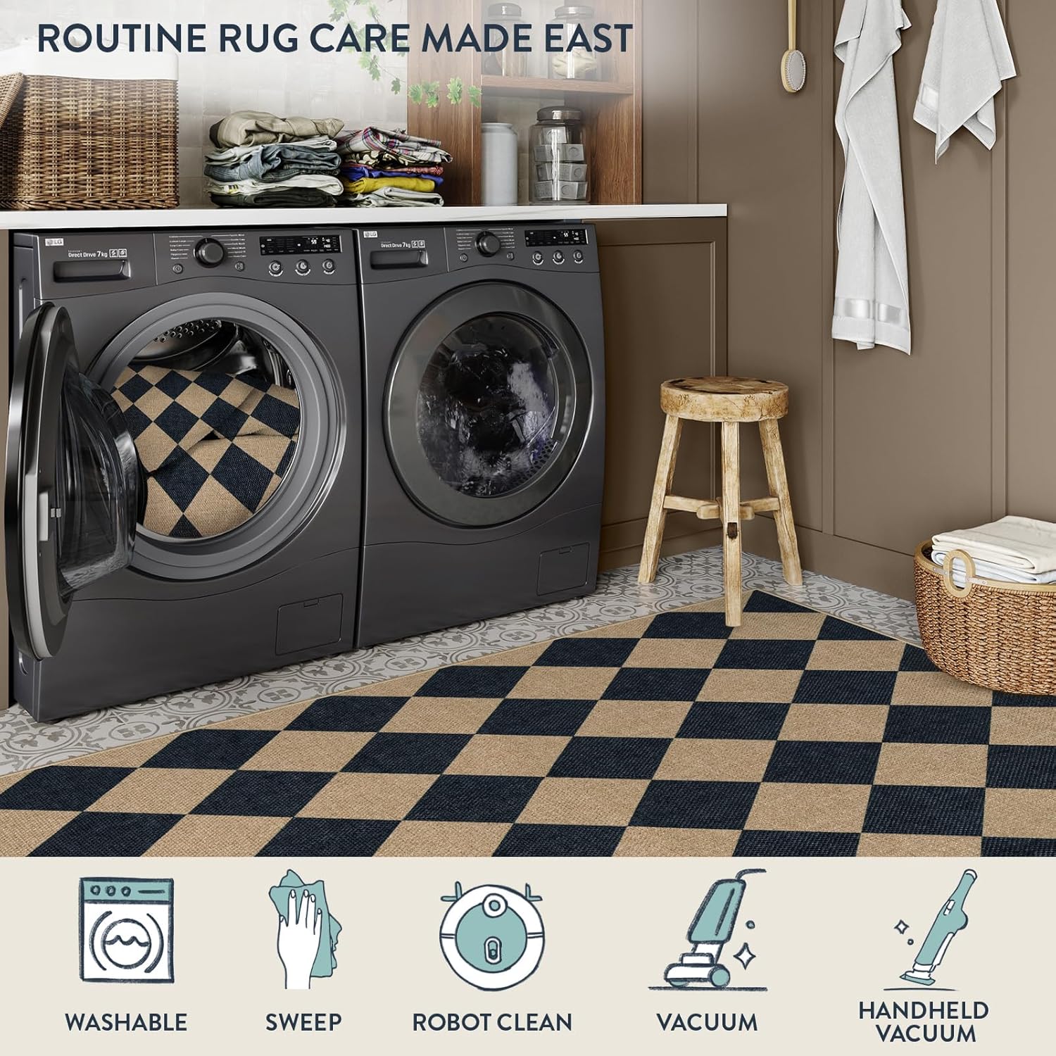 Lahome Colette Checkered Easy Jute Runner Rug, 2x8 Hallway Kitchen Runner Rug Non Slip Washable Outdoor Carpet for Entryway Indoor, Checkerboard Black Indoor Outdoor Carpet for Hallway 8ft Entry