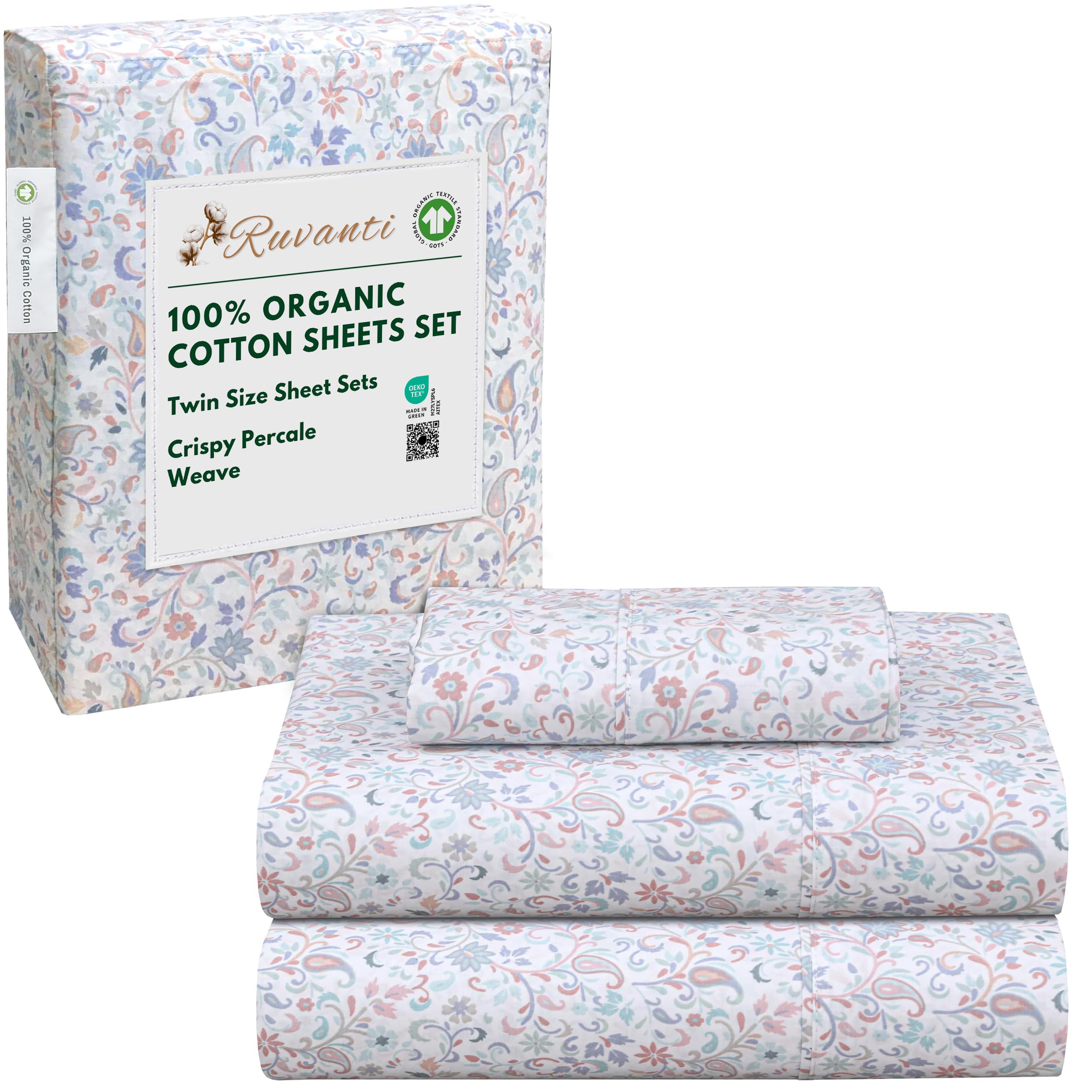 RUVANTI 100% Organic Cotton Sheets Queen Size, Percale Weave, GOTS Certified, 4-Piece Set, Deep Pocket 15", Crisp & Breathable, Soft Durable Bedding, Sábanas Algodón Orgánico – Daisy Bud