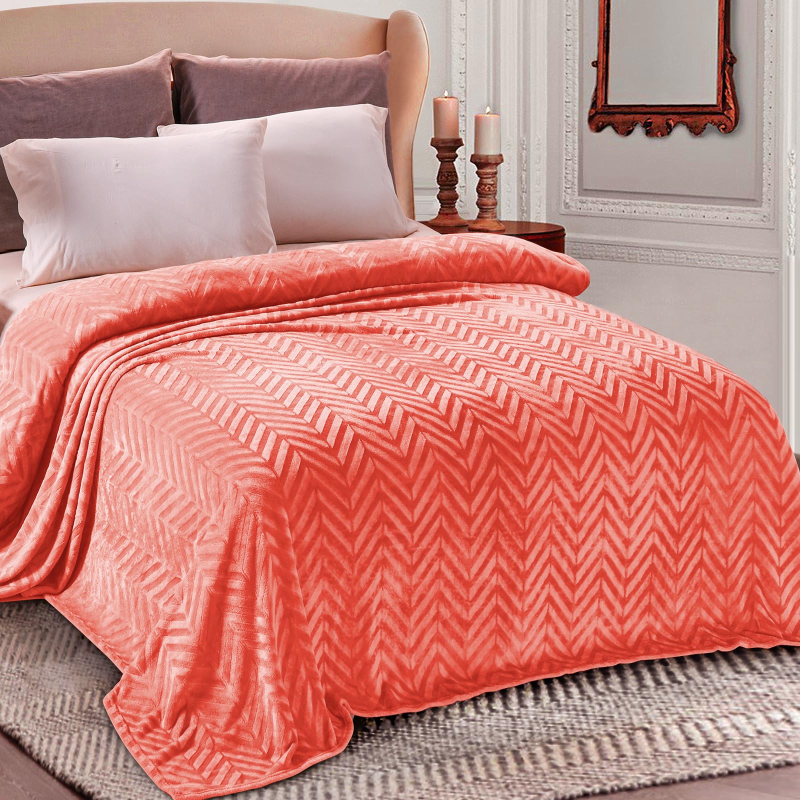 Whale Flotilla Flannel Fleece Throw Blanket for Couch Sofa Bed, Lightweight Breathable Soft Throws Plush Fluffy Chevron Design Decorative Blankets for All Season, 50x60 Inch, Coral