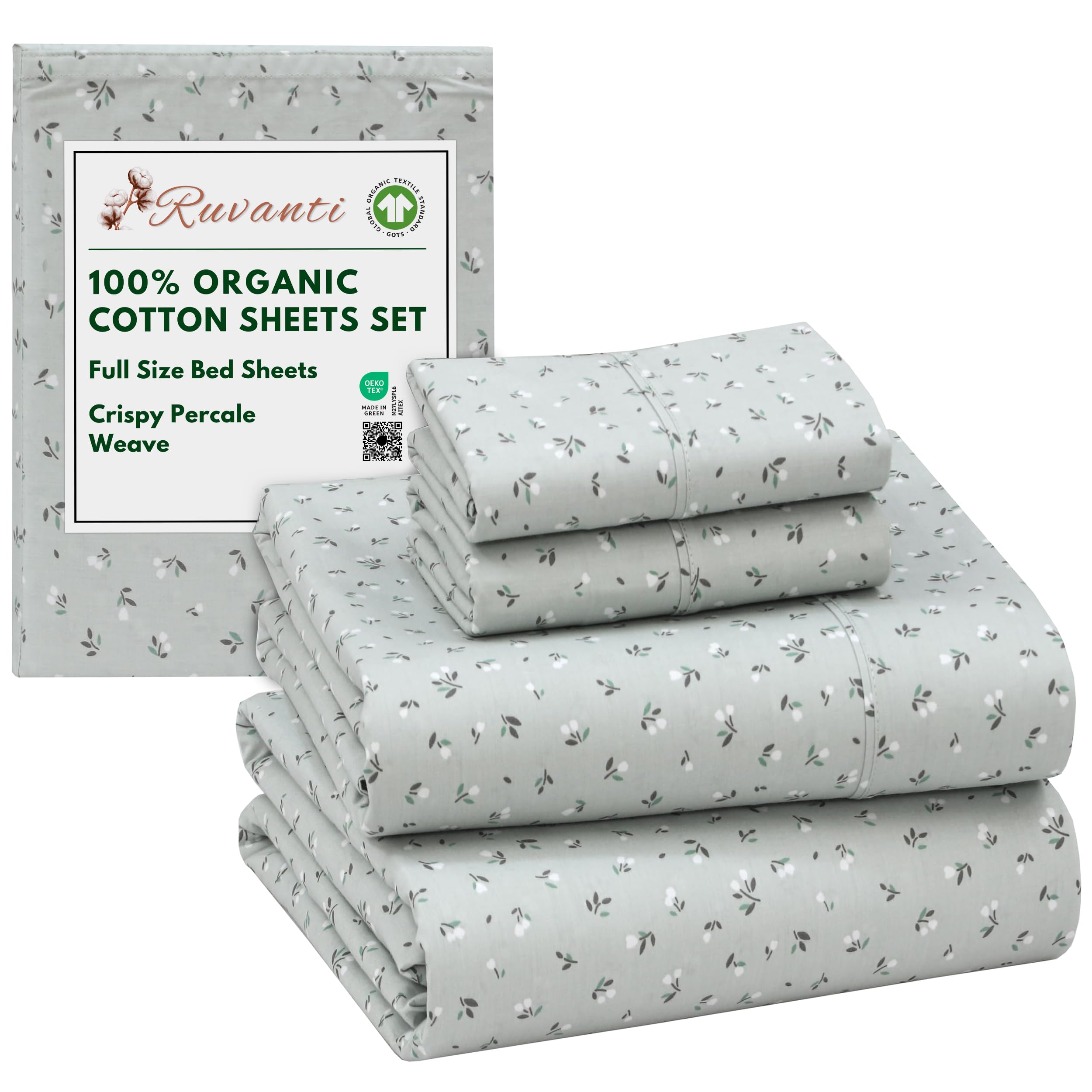 RUVANTI 100% Organic Cotton Sheets Queen Size, Percale Weave, GOTS Certified, 4-Piece Set, Deep Pocket 15", Crisp & Breathable, Soft Durable Bedding, Sábanas Algodón Orgánico – Daisy Bud