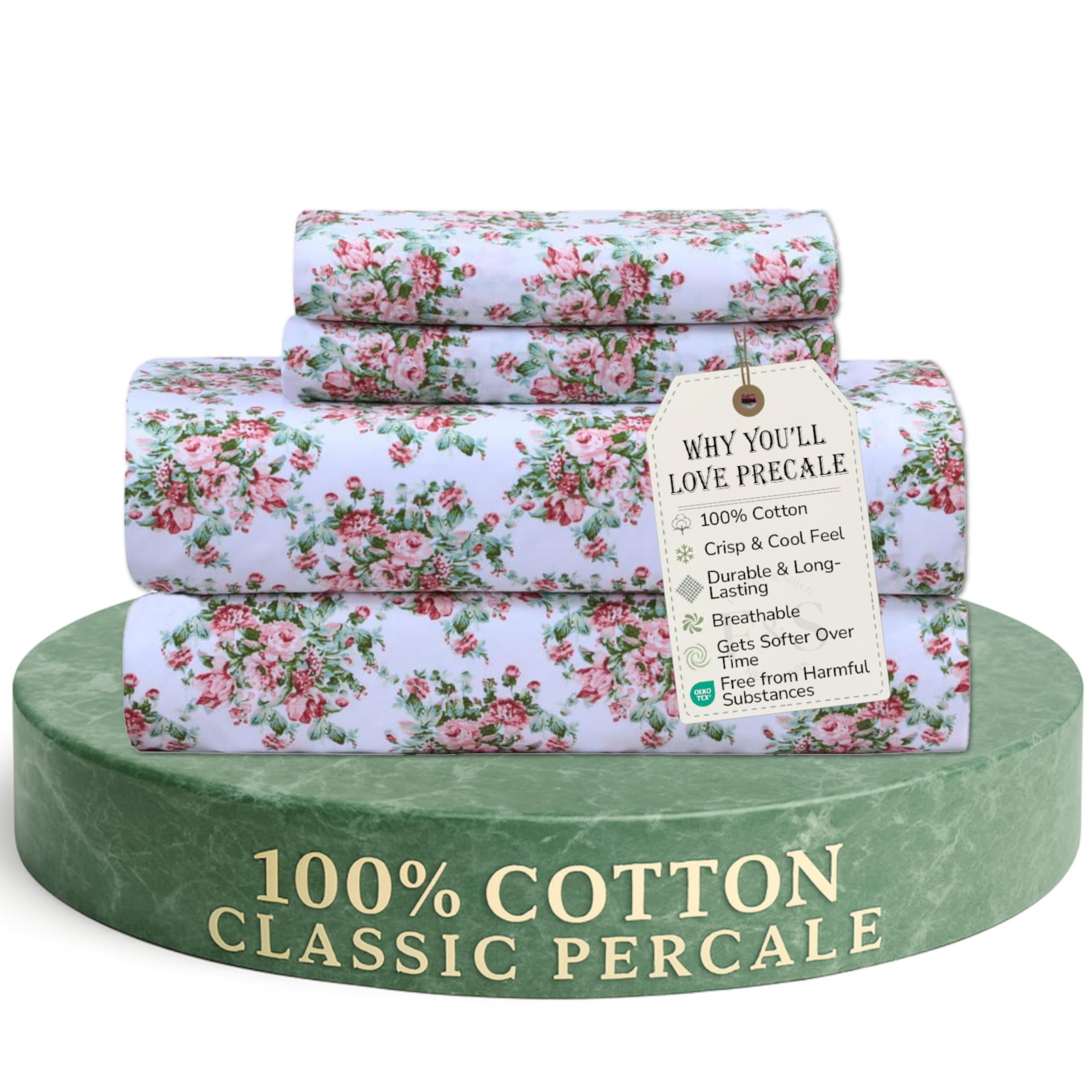 Feather & Stitch Softest 100% Cotton Sheets, 300 Thread Count Percale Weave Bedding, 16" Deep Pocket, Cooling Sheets, Breathable Bed Set, Hotel Premium Quality (Queen, Victorian Floral)