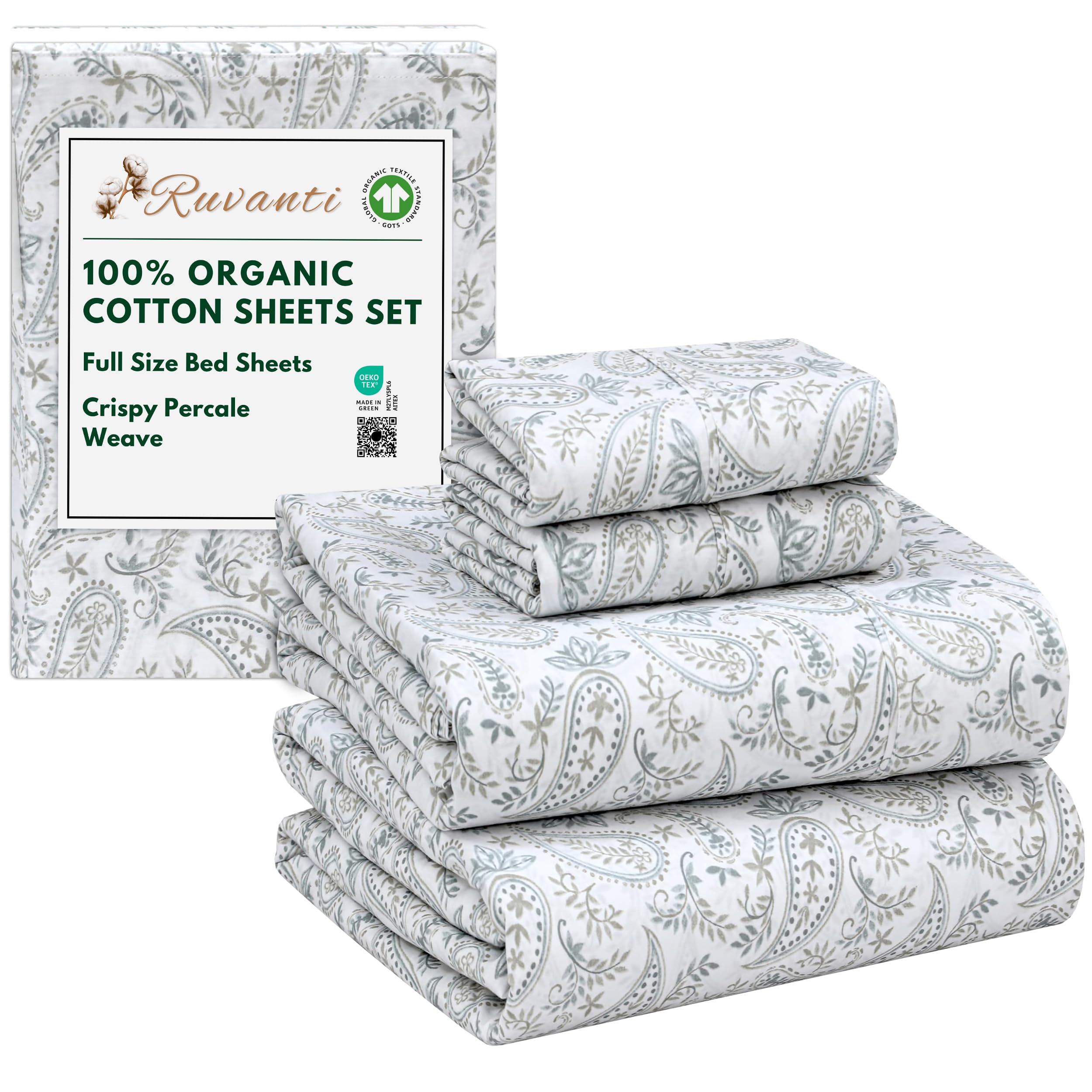 RUVANTI 100% Organic Cotton Sheets Queen Size, Percale Weave, GOTS Certified, 4-Piece Set, Deep Pocket 15", Crisp & Breathable, Soft Durable Bedding, Sábanas Algodón Orgánico – Daisy Bud
