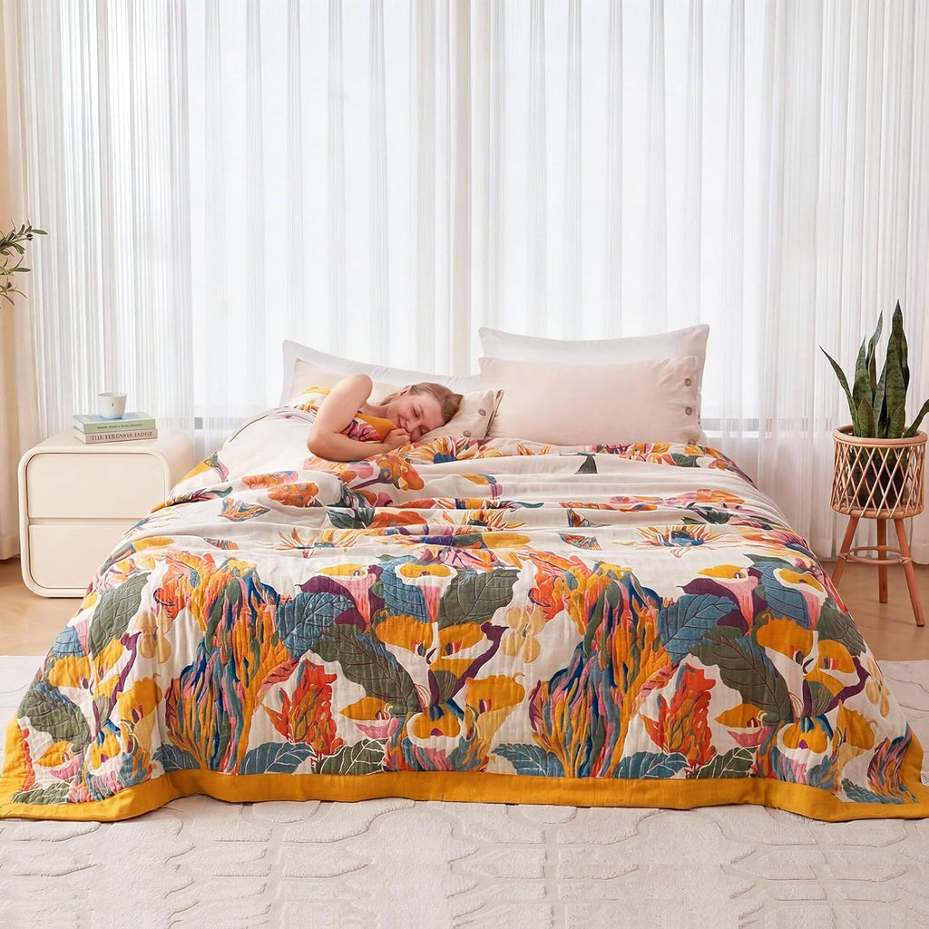 Boho Throw Blanket - 100% Cotton Soft Spring Throw Blanket for Bed, 90"x108" Reversible Breathable Lightweight Blankets, All Seasons Farmhouse Decor Floral Plant Butterfly Throw Quilt