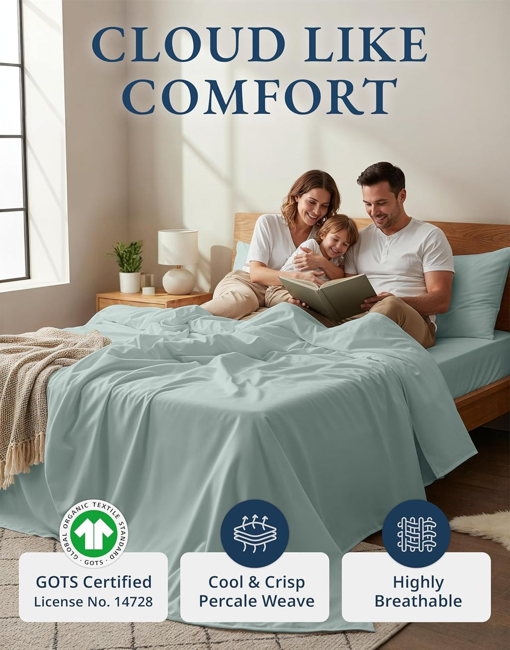 LANE LINEN 100% Organic Cotton Eco Friendly Sustainably Produced Queen Sheets Set, Low Pill Fade Resistant Machine Wash Fully Elasticized Cotton Bedding Queen Set- French Blue