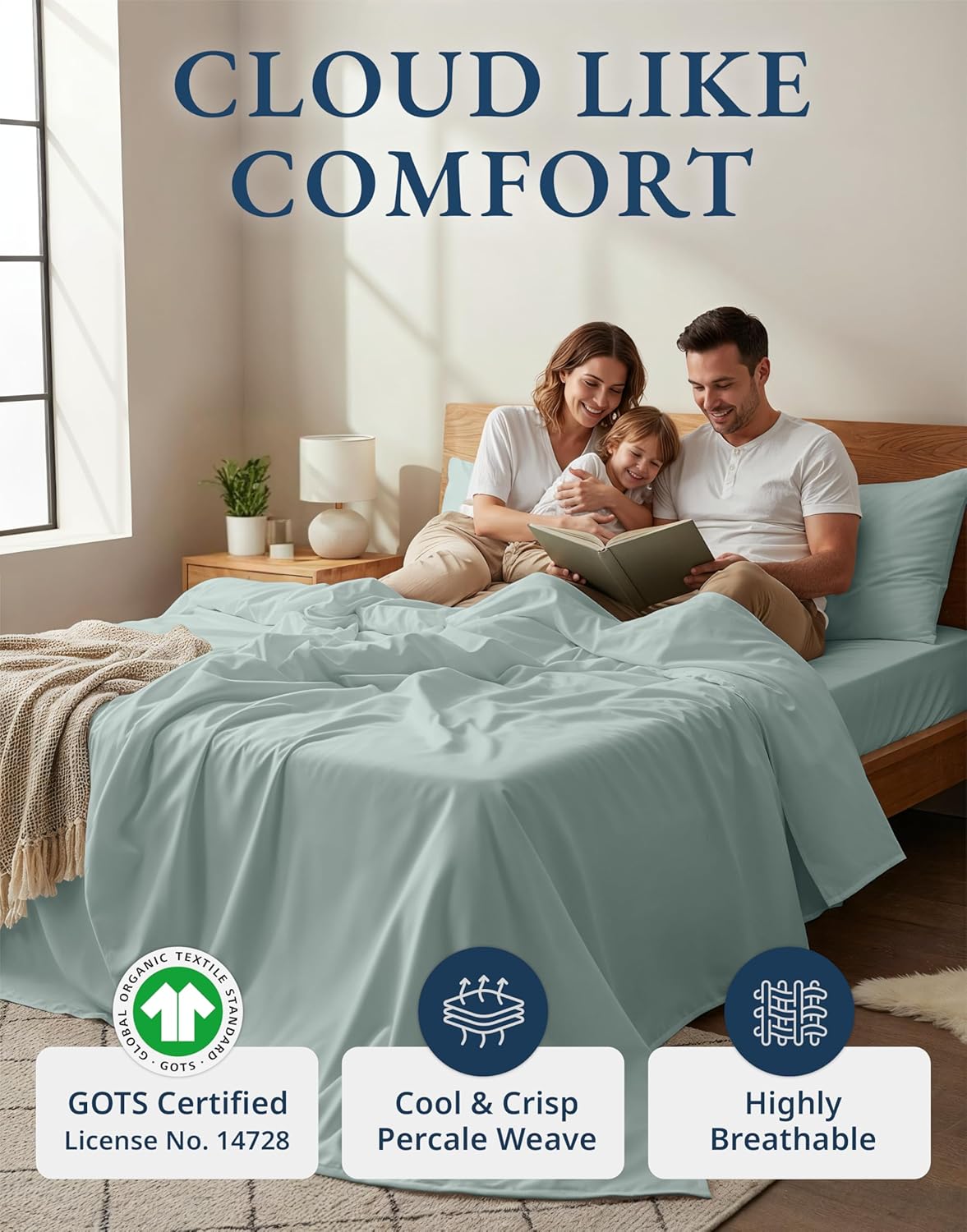 LANE LINEN 100% Organic Cotton Eco Friendly Sustainably Produced Queen Sheets Set, Low Pill Fade Resistant Machine Wash Fully Elasticized Cotton Bedding Queen Set- French Blue