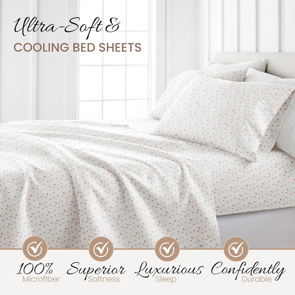 Linen Market 4 Piece Queen Sheet Set - Breathable, Double-Brushed Patterned Cooling Sheets – Oeko-TEX Certified Ultra Soft & Wrinkle-Free 16" Deep-Pocket Queen Sheets - Easy Care Soft Floral Pink