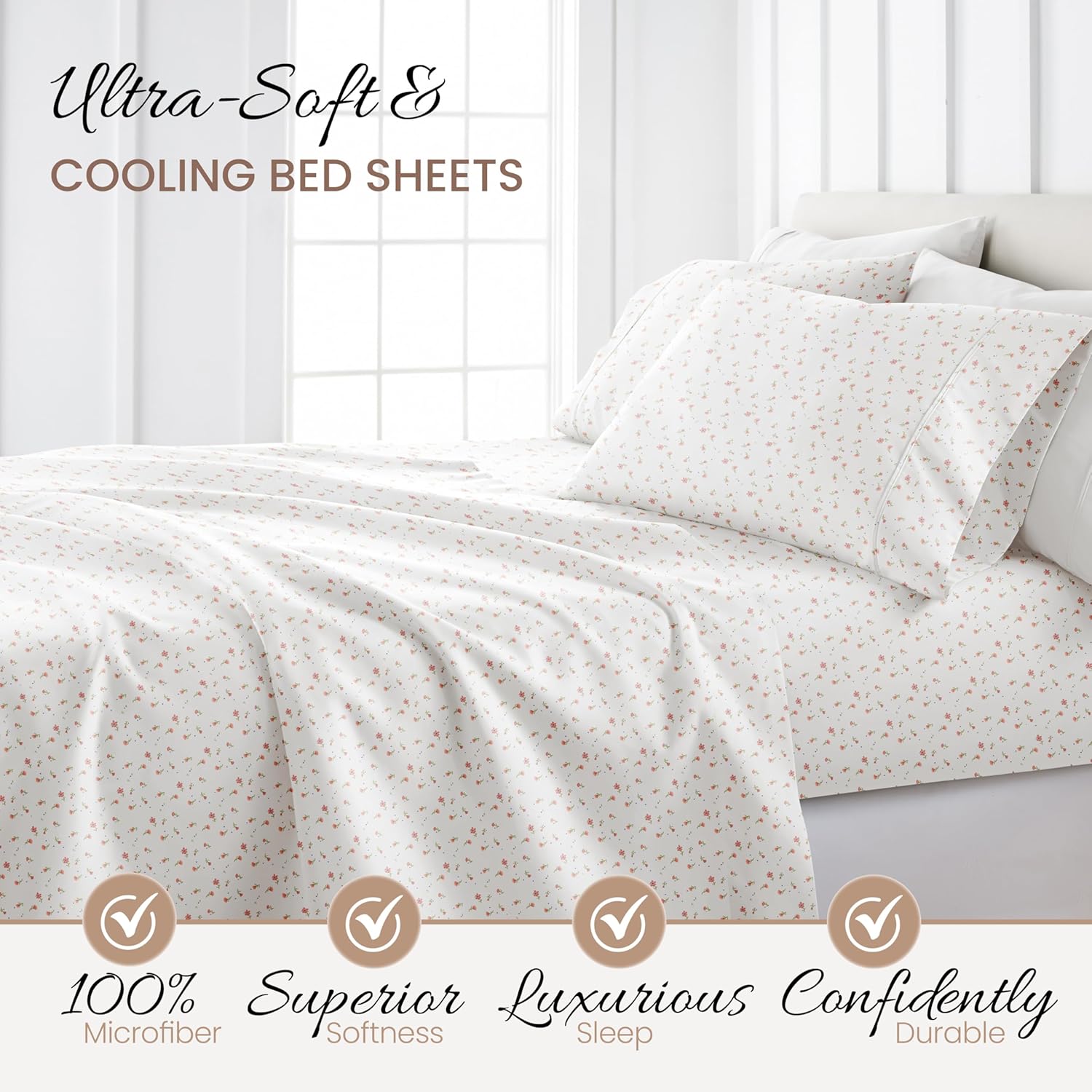 Linen Market 4 Piece Queen Sheet Set - Breathable, Double-Brushed Patterned Cooling Sheets – Oeko-TEX Certified Ultra Soft & Wrinkle-Free 16" Deep-Pocket Queen Sheets - Easy Care Soft Floral Pink