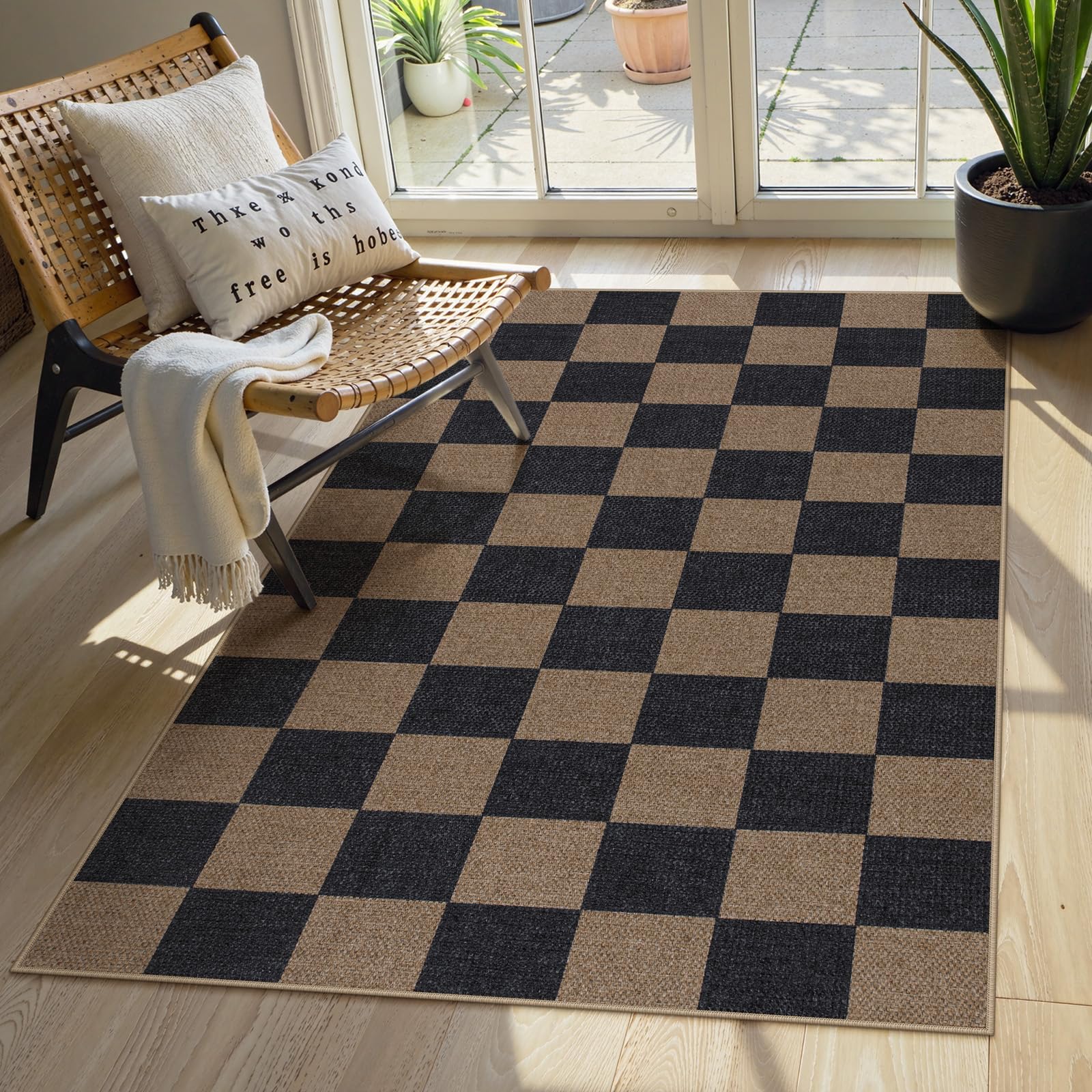 Lahome Colette Checkered Easy Jute Runner Rug, 2x8 Hallway Kitchen Runner Rug Non Slip Washable Outdoor Carpet for Entryway Indoor, Checkerboard Black Indoor Outdoor Carpet for Hallway 8ft Entry