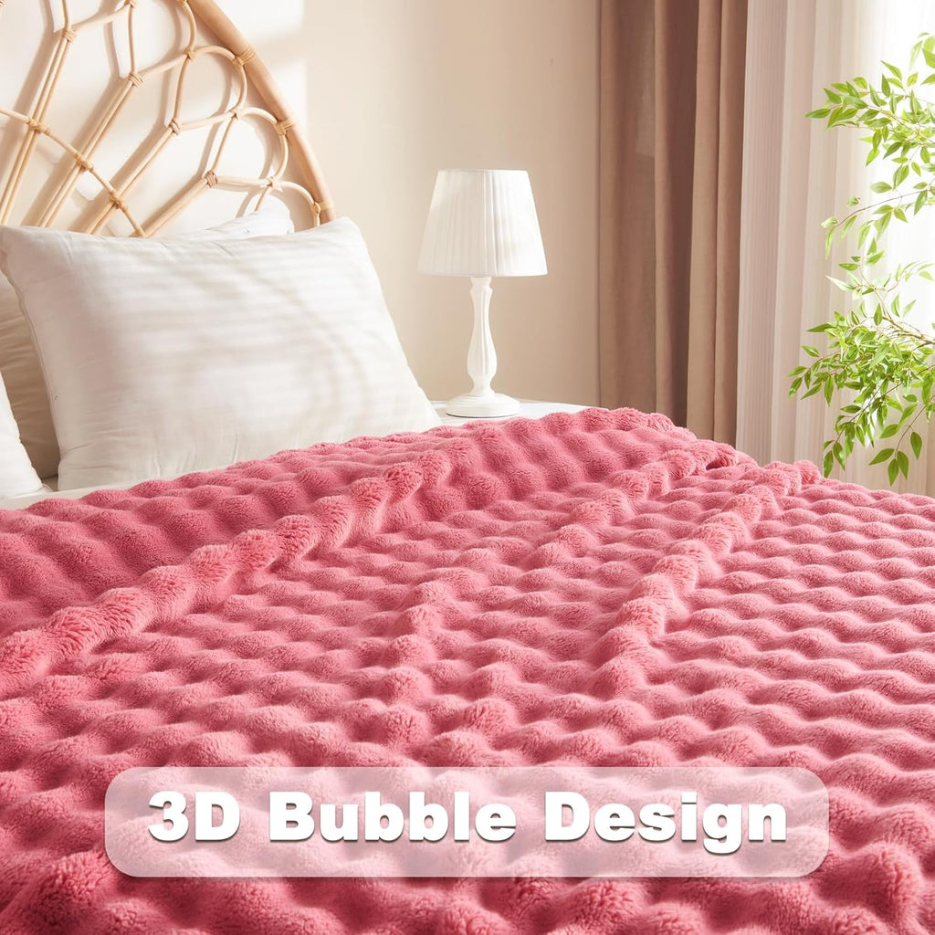 NEWCOSPLAY Throw Blanket for Couch Coral Pink Super Soft Flannel Fleece 3D Bubble Lightweight Bed Blanket All Season Use (Coral Pink, Throw(50"x60"))