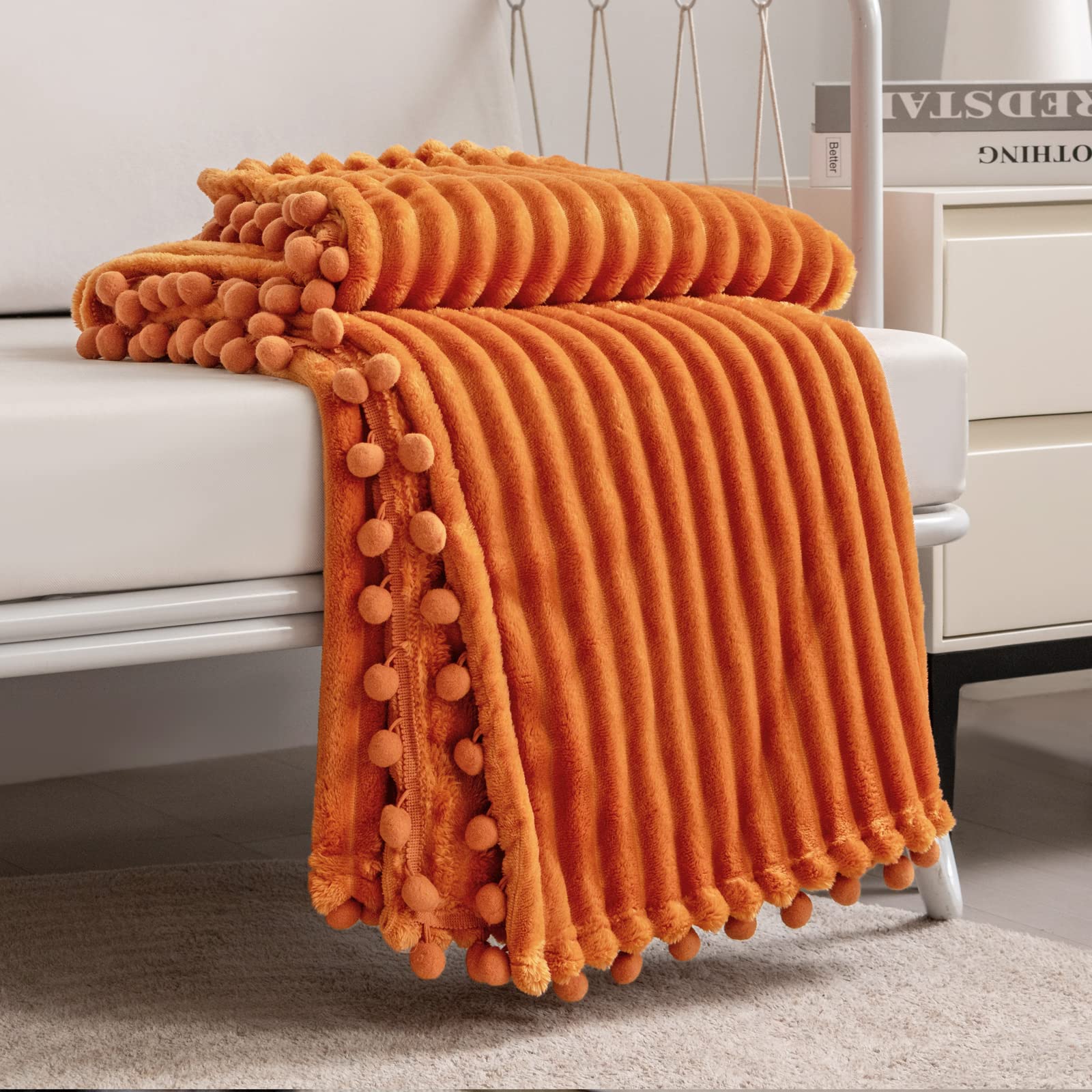 DISSA Fleece Blanket Twin Size – 60x80, Coral - Soft, Plush, Fluffy, Fuzzy, Warm, Cozy – Perfect Throw for Couch, Bed, Sofa - with Pompom Fringe - Flannel Blanket