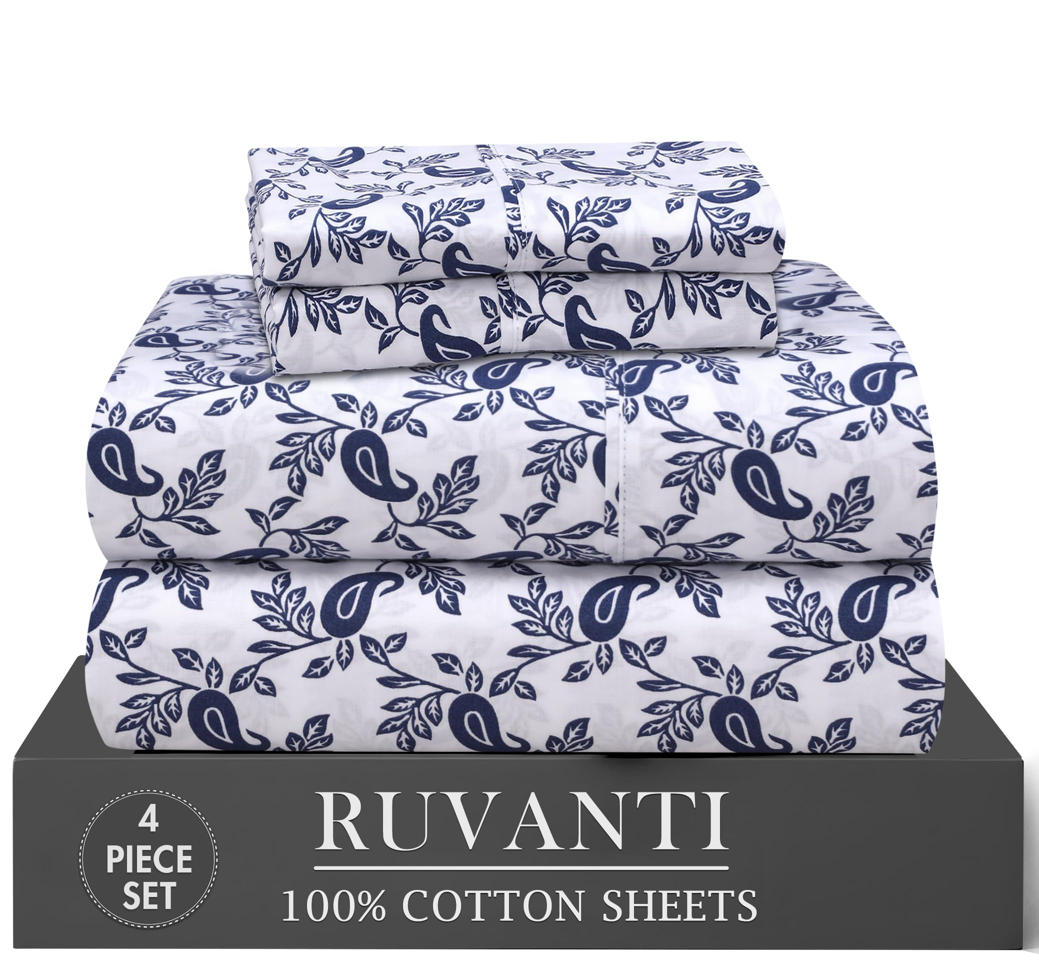 RUVANTI 6 Pcs Cotton Sheets - 100% Natural Cotton Soft, Lightweight & Breathable Crispy Percale Bed Sheets, Queen Sheet Set 16" Deep Pockets, Wild Flower