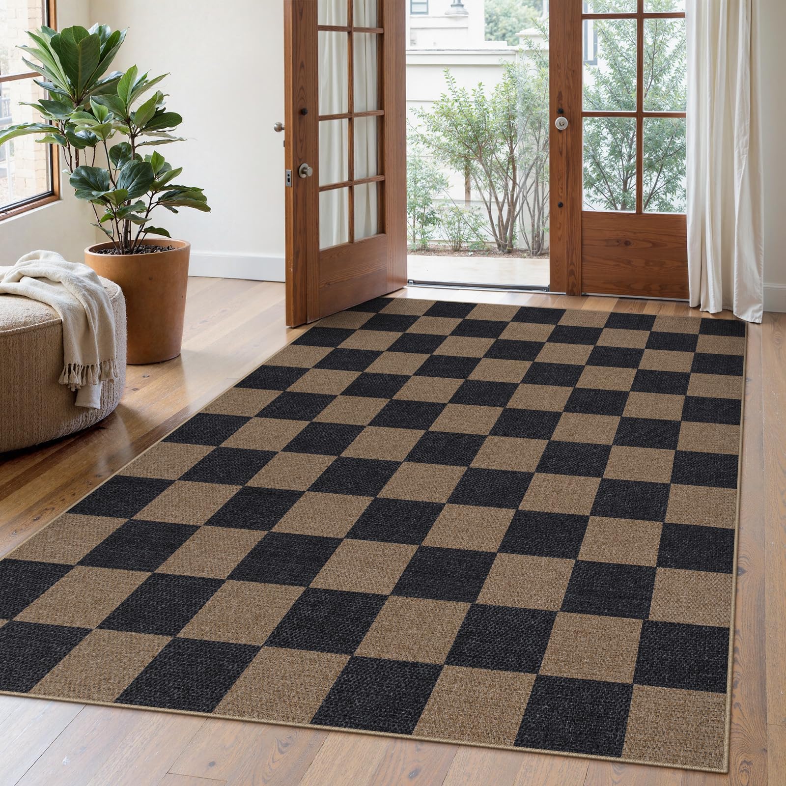 Lahome Colette Checkered Easy Jute Runner Rug, 2x8 Hallway Kitchen Runner Rug Non Slip Washable Outdoor Carpet for Entryway Indoor, Checkerboard Black Indoor Outdoor Carpet for Hallway 8ft Entry