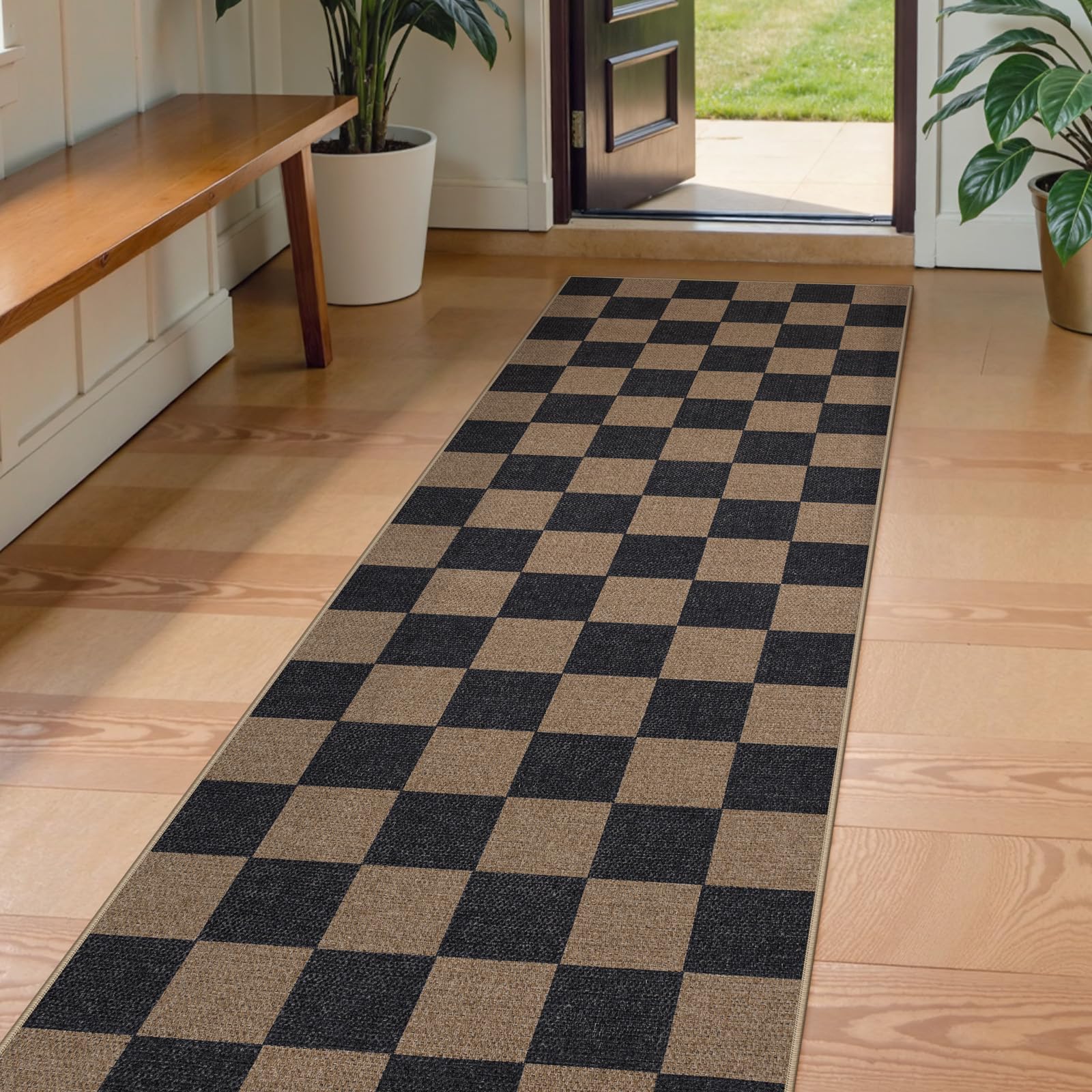 Lahome Colette Checkered Easy Jute Runner Rug, 2x8 Hallway Kitchen Runner Rug Non Slip Washable Outdoor Carpet for Entryway Indoor, Checkerboard Black Indoor Outdoor Carpet for Hallway 8ft Entry