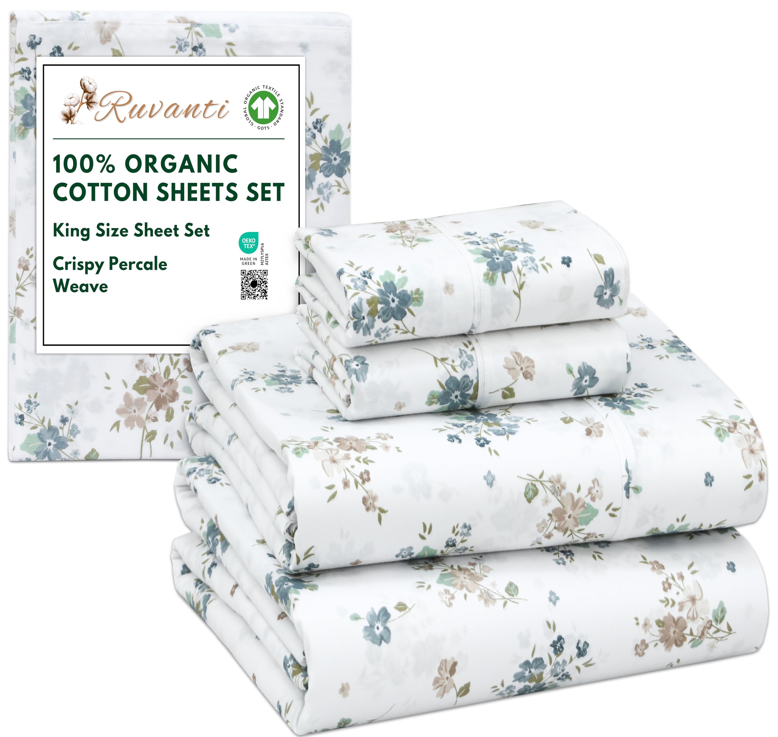 RUVANTI 100% Organic Cotton Sheets Queen Size, Percale Weave, GOTS Certified, 4-Piece Set, Deep Pocket 15", Crisp & Breathable, Soft Durable Bedding, Sábanas Algodón Orgánico – Daisy Bud