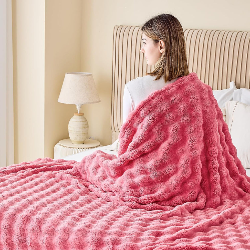 NEWCOSPLAY Throw Blanket for Couch Coral Pink Super Soft Flannel Fleece 3D Bubble Lightweight Bed Blanket All Season Use (Coral Pink, Throw(50"x60"))