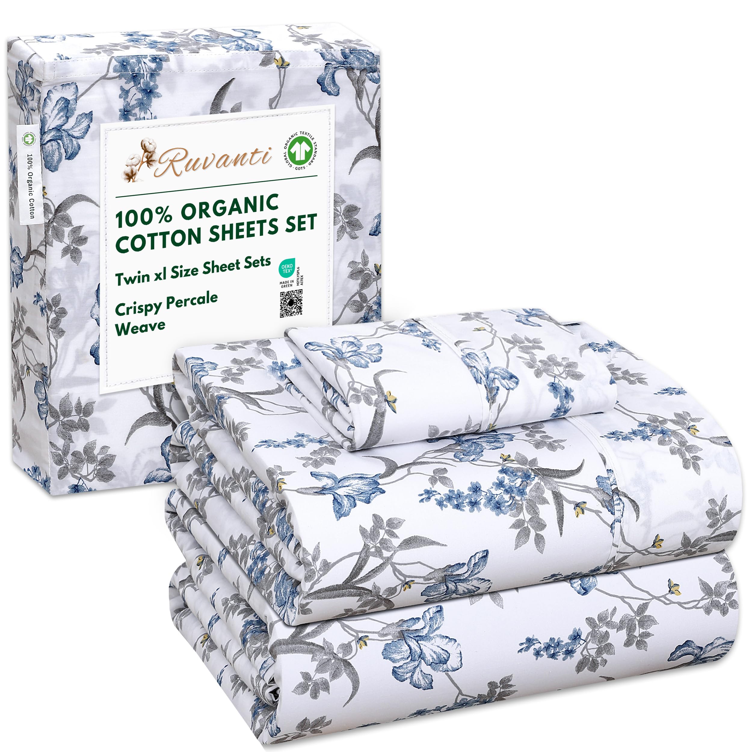 RUVANTI 100% Organic Cotton Sheets Queen Size, Percale Weave, GOTS Certified, 4-Piece Set, Deep Pocket 15", Crisp & Breathable, Soft Durable Bedding, Sábanas Algodón Orgánico – Daisy Bud