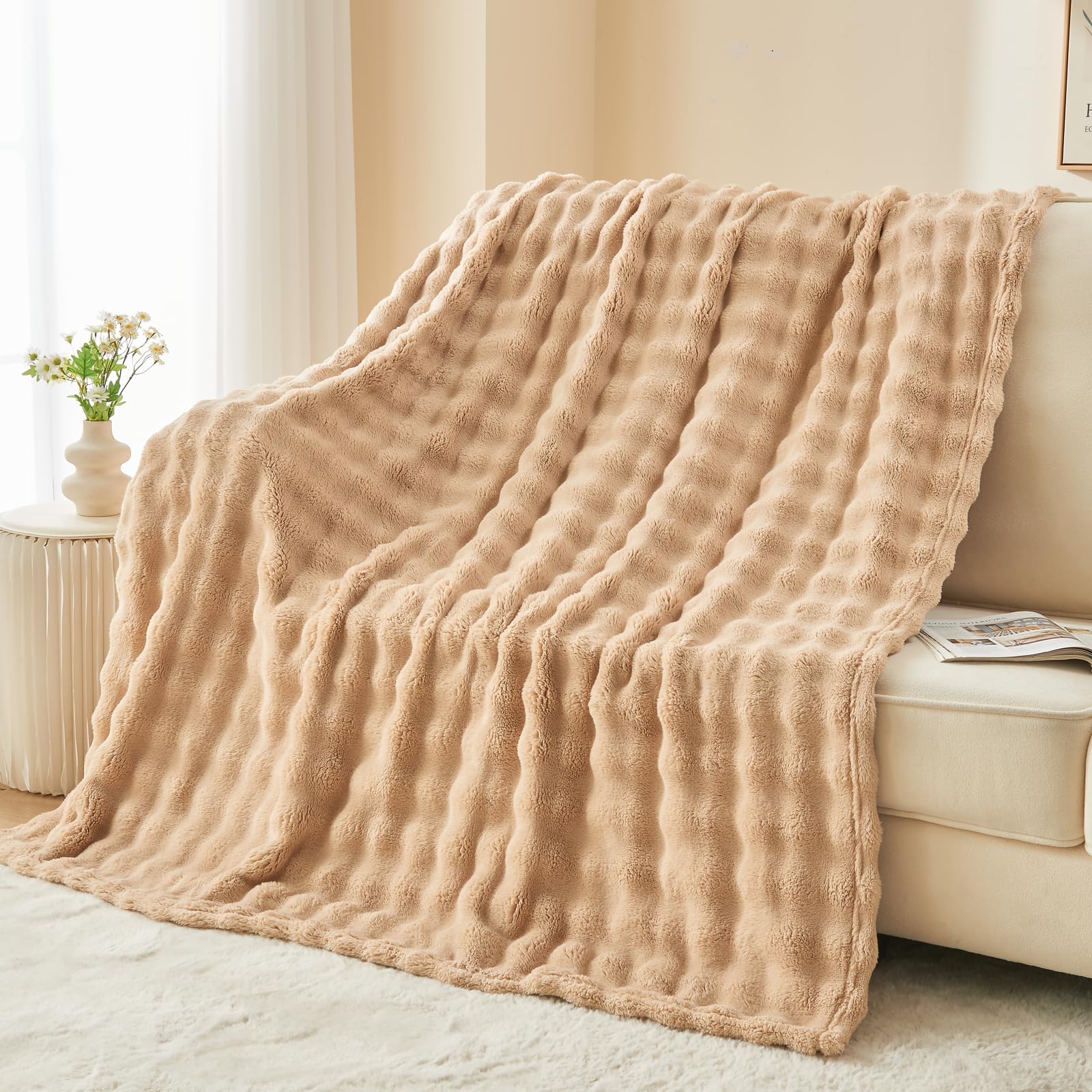 NEWCOSPLAY Throw Blanket for Couch Coral Pink Super Soft Flannel Fleece 3D Bubble Lightweight Bed Blanket All Season Use (Coral Pink, Throw(50"x60"))