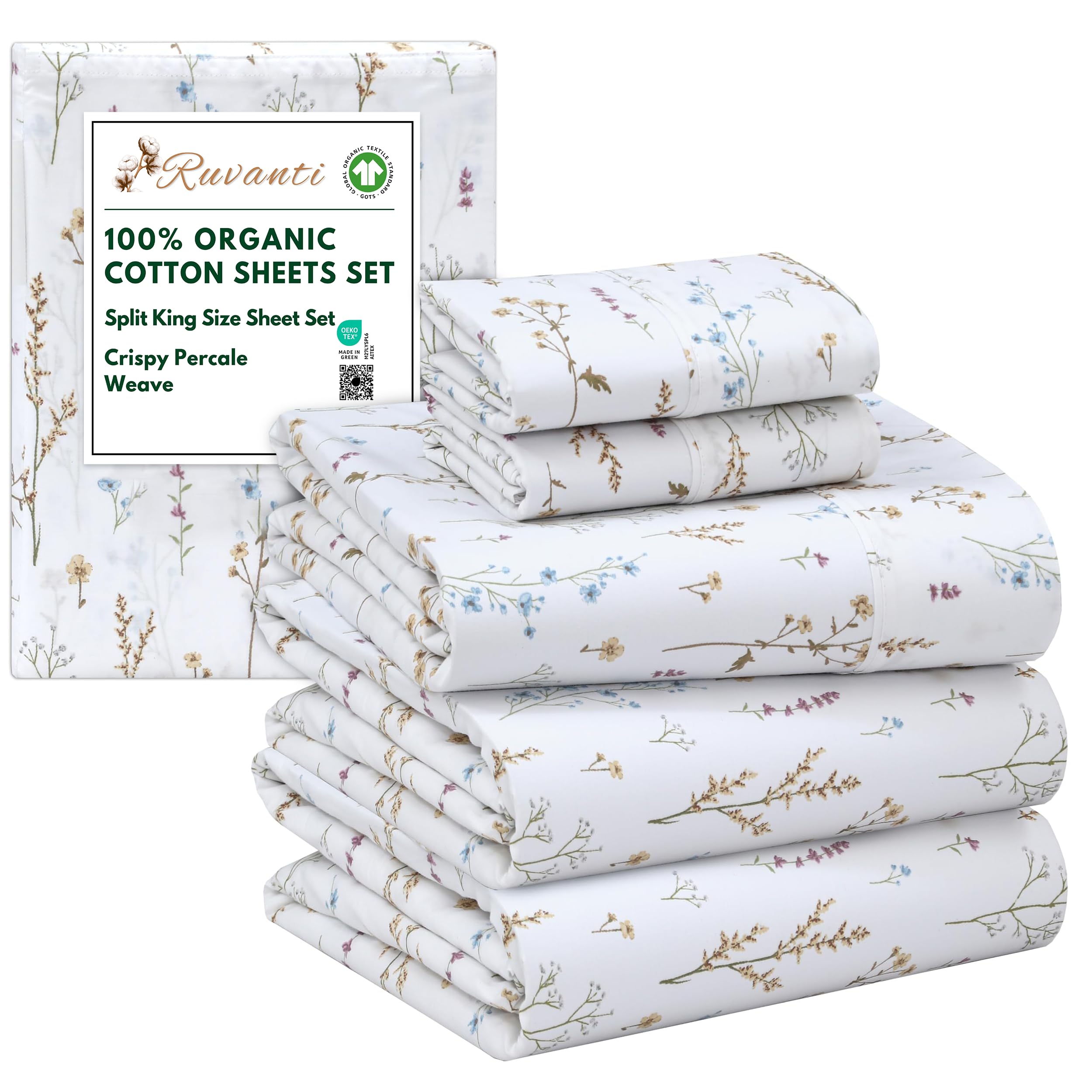 RUVANTI 100% Organic Cotton Sheets Queen Size, Percale Weave, GOTS Certified, 4-Piece Set, Deep Pocket 15", Crisp & Breathable, Soft Durable Bedding, Sábanas Algodón Orgánico – Daisy Bud