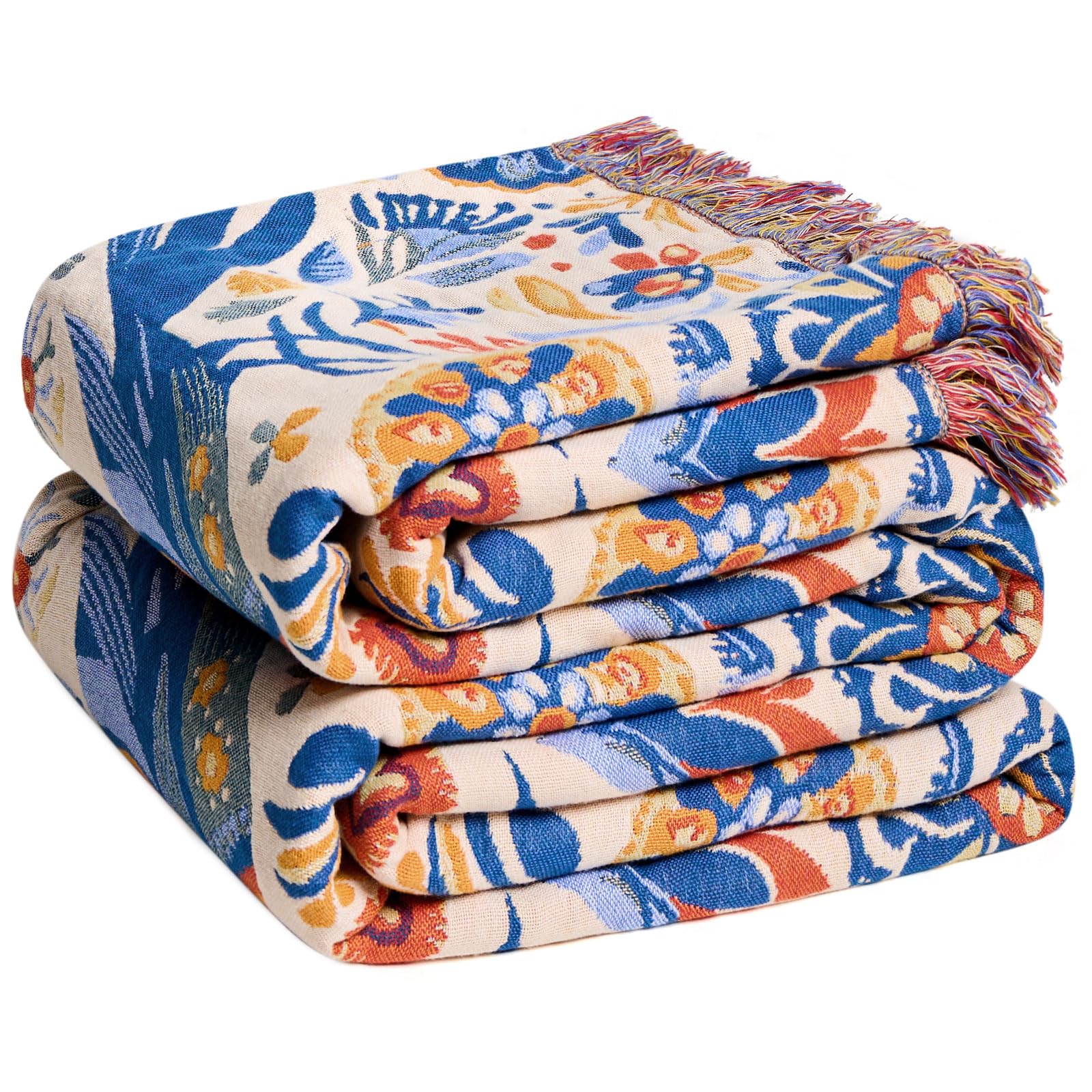 Boho Throw Blanket - 100% Cotton Soft Spring Throw Blanket for Bed, 90"x108" Reversible Breathable Lightweight Blankets, All Seasons Farmhouse Decor Floral Plant Butterfly Throw Quilt