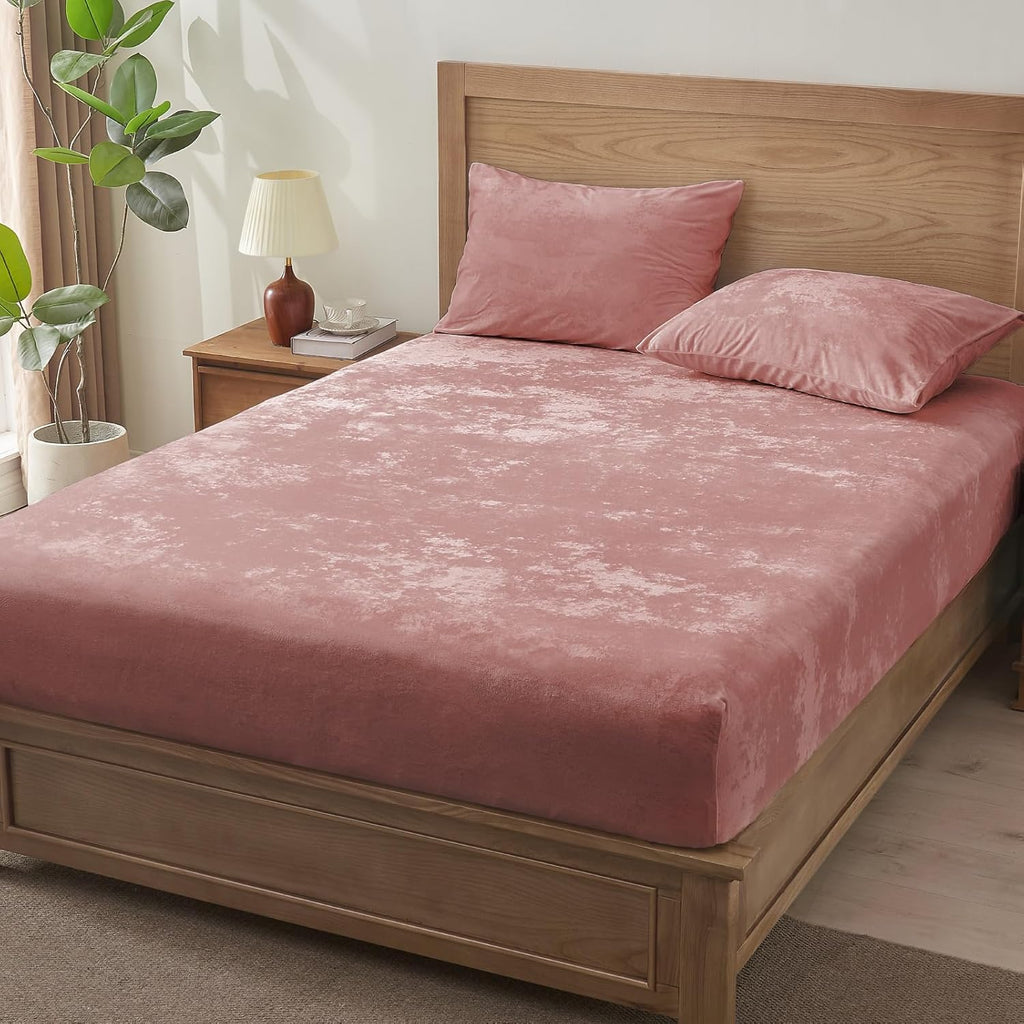 BEDELITE Velvet Fitted Sheet and Pillowcases Set, Luxury Soft Fuzzy Bottom Sheet with Reinforced Elastic Corner Straps, Deep Pocket up to 15 Inch, 1 Fitted Sheet and 2 Pillowcases (Queen, Dusty Pink)