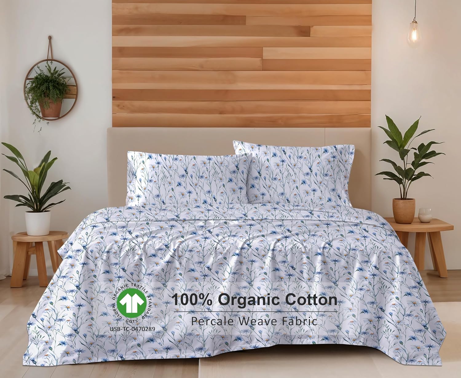 RUVANTI 100% Organic Cotton Sheets Queen Size, Percale Weave, GOTS Certified, 4-Piece Set, Deep Pocket 15", Crisp & Breathable, Soft Durable Bedding, Sábanas Algodón Orgánico – Daisy Bud