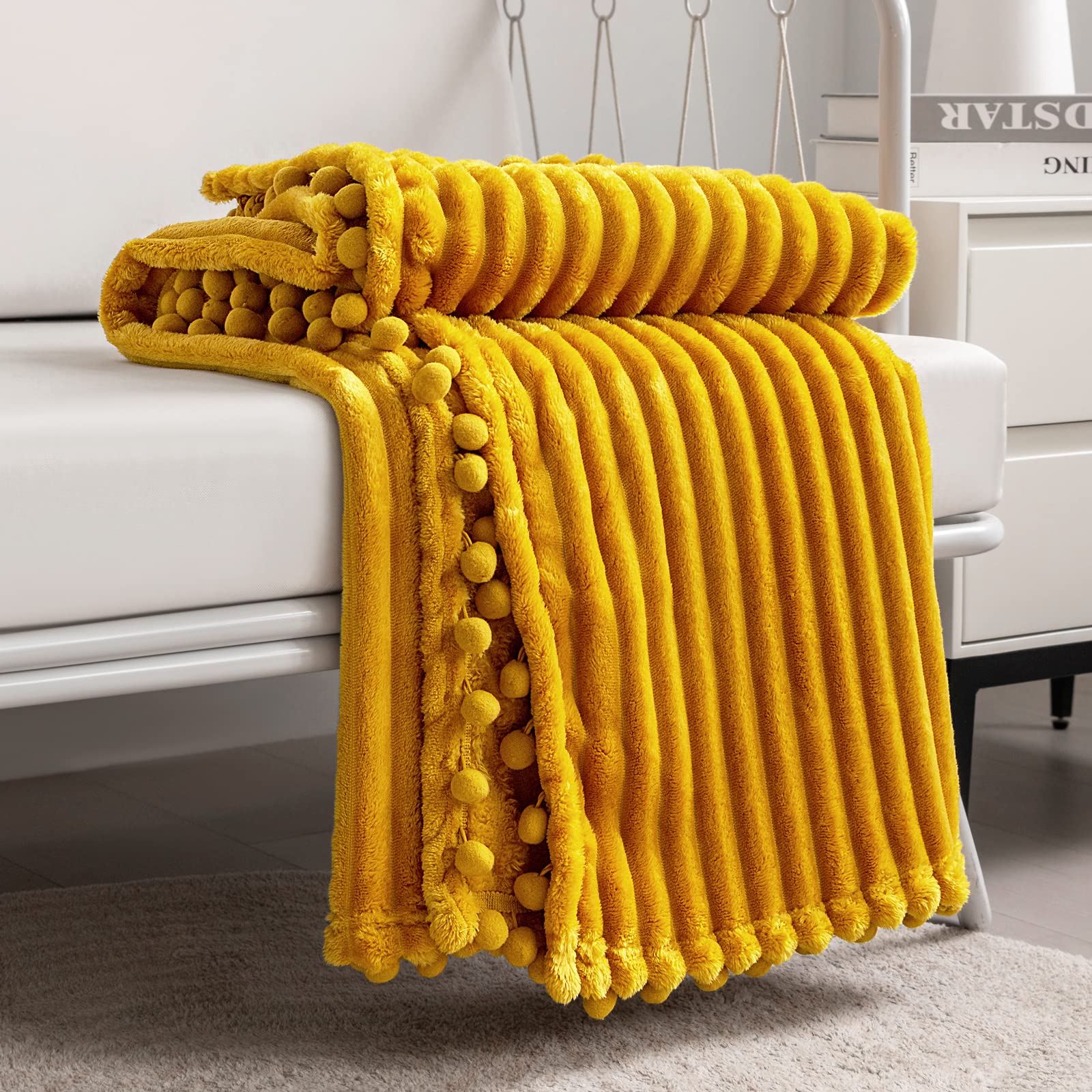 DISSA Fleece Blanket Twin Size – 60x80, Coral - Soft, Plush, Fluffy, Fuzzy, Warm, Cozy – Perfect Throw for Couch, Bed, Sofa - with Pompom Fringe - Flannel Blanket
