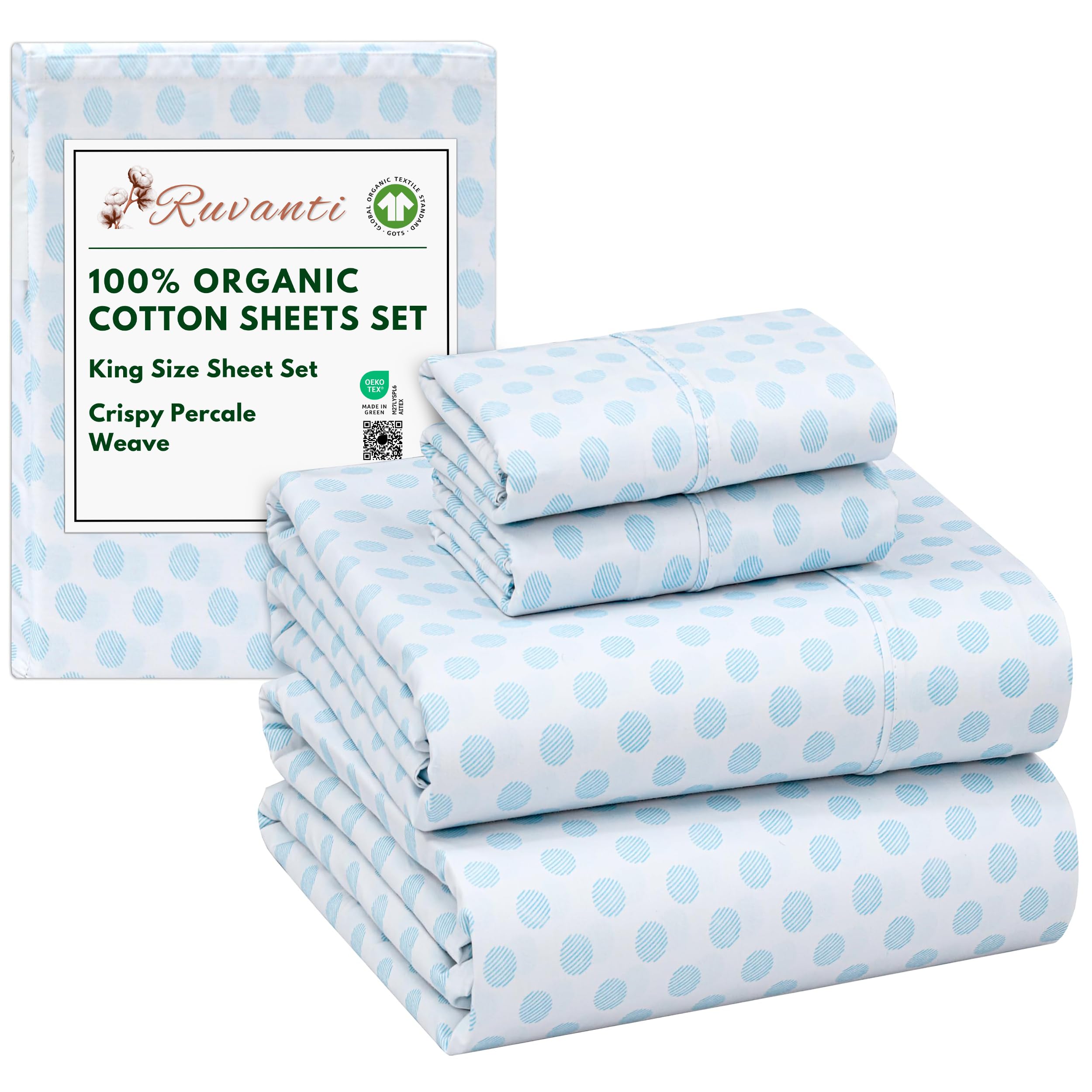 RUVANTI 100% Organic Cotton Sheets Queen Size, Percale Weave, GOTS Certified, 4-Piece Set, Deep Pocket 15", Crisp & Breathable, Soft Durable Bedding, Sábanas Algodón Orgánico – Daisy Bud