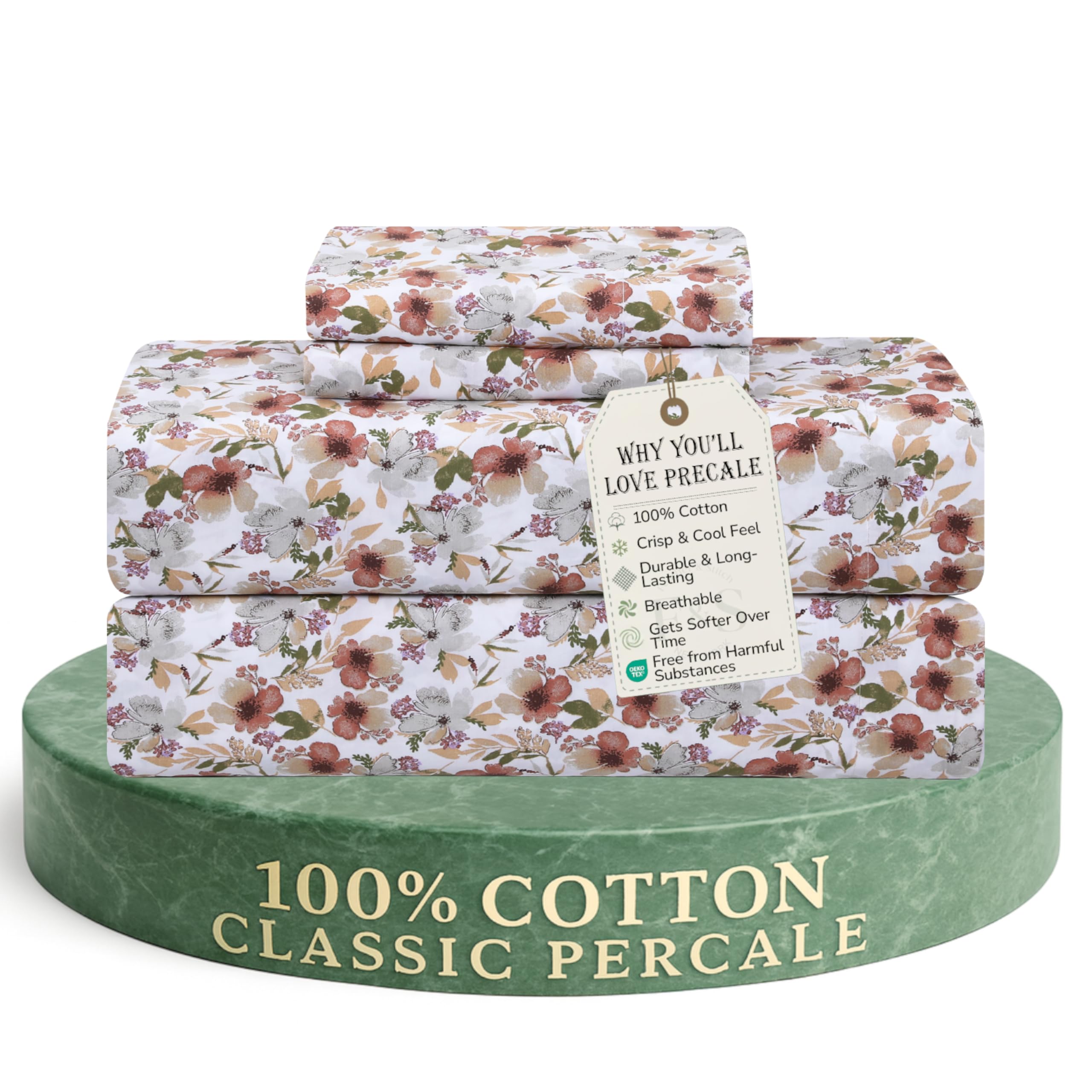 Feather & Stitch Softest 100% Cotton Sheets, 300 Thread Count Percale Weave Bedding, 16" Deep Pocket, Cooling Sheets, Breathable Bed Set, Hotel Premium Quality (Queen, Victorian Floral)