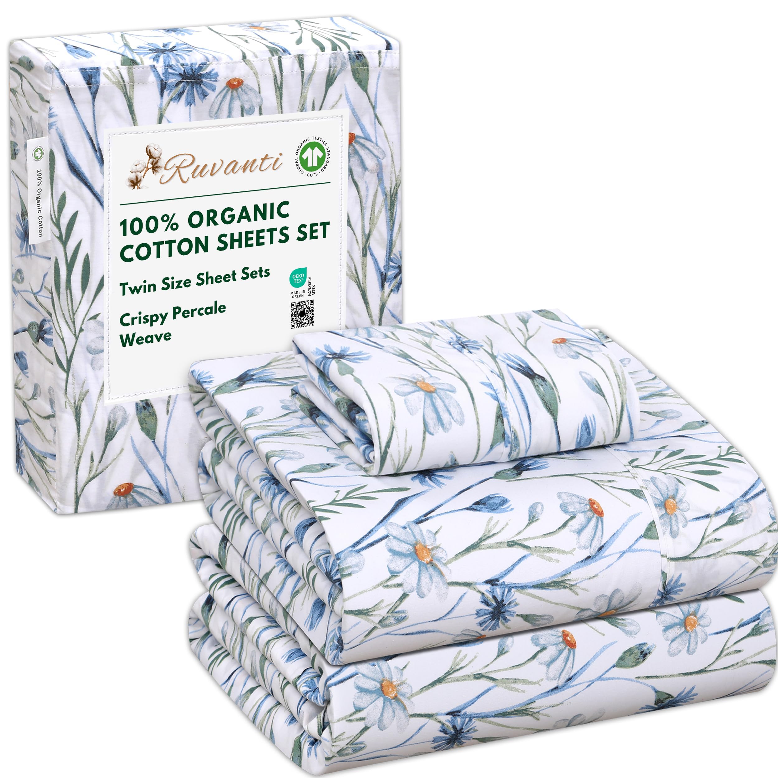 RUVANTI 100% Organic Cotton Sheets Queen Size, Percale Weave, GOTS Certified, 4-Piece Set, Deep Pocket 15", Crisp & Breathable, Soft Durable Bedding, Sábanas Algodón Orgánico – Daisy Bud