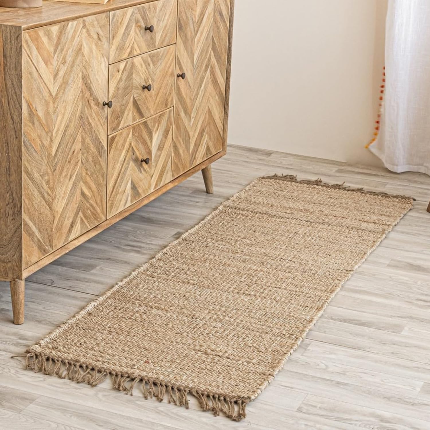HOMEMONDE Braided Chunky Jute Runner Rug 2'x6' with Tassels - Natural Handwoven Rustic Vintage Farmhouse Style Rug, Ideal for High Traffic Areas - Entryway, Kitchen, Living Room, Bedroom and Hallway