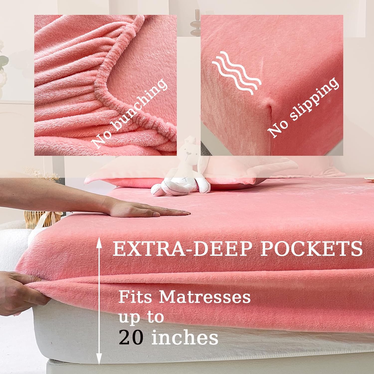 MorroMorn Fleece Sheets Queen Size Ultra Soft, Fuzzy Plush Flannel Sheet Set 3 Piece - All Season Bedding Set with 20" Deep Pocket Fitted & 2 Pillowcases, Luxury Velvet Warm Cozy (Pink)