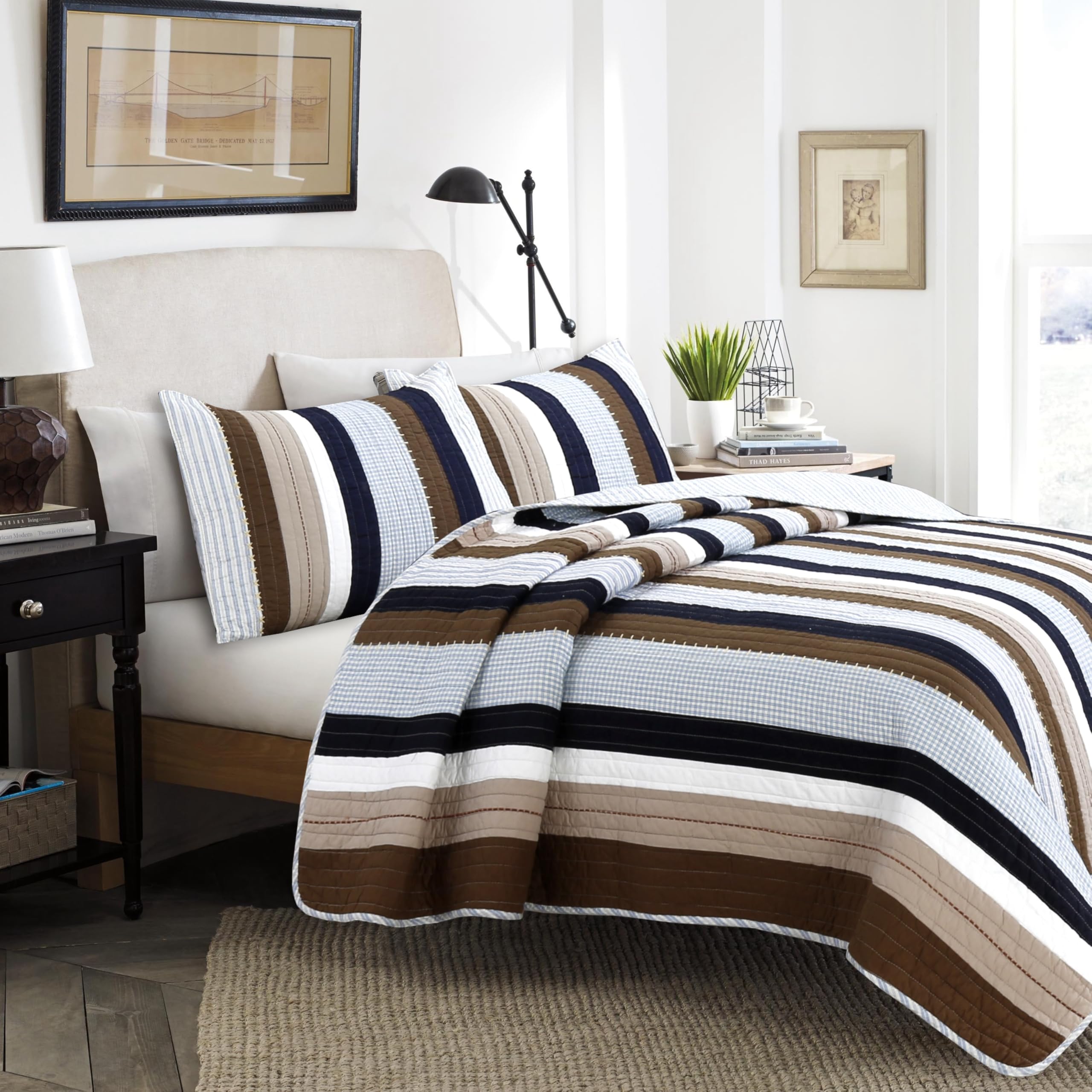 Cozy Line Home Fashions Benjamin Cute Dinosaur Plaid Navy Blue White Grey Bedding Quilt Set 100% Cotton Reversible Coverlet Bedspread Set for Kids Boy(Twin - 2 Piece)