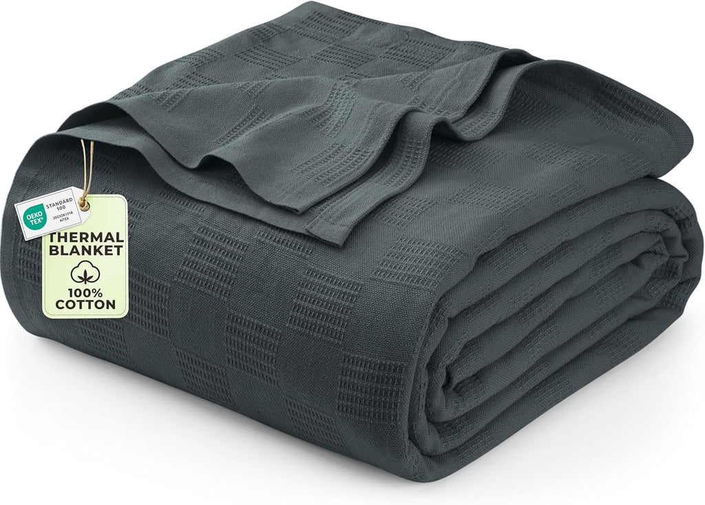 Utopia Bedding 100% Cotton Thermal Blanket Smoke Gray Queen Size Soft, Lightweight, Breathable, Cozy Spring and Summer Blankets for Bed, Home Room Decor Gifts for Women and Men (90x90 Inches)