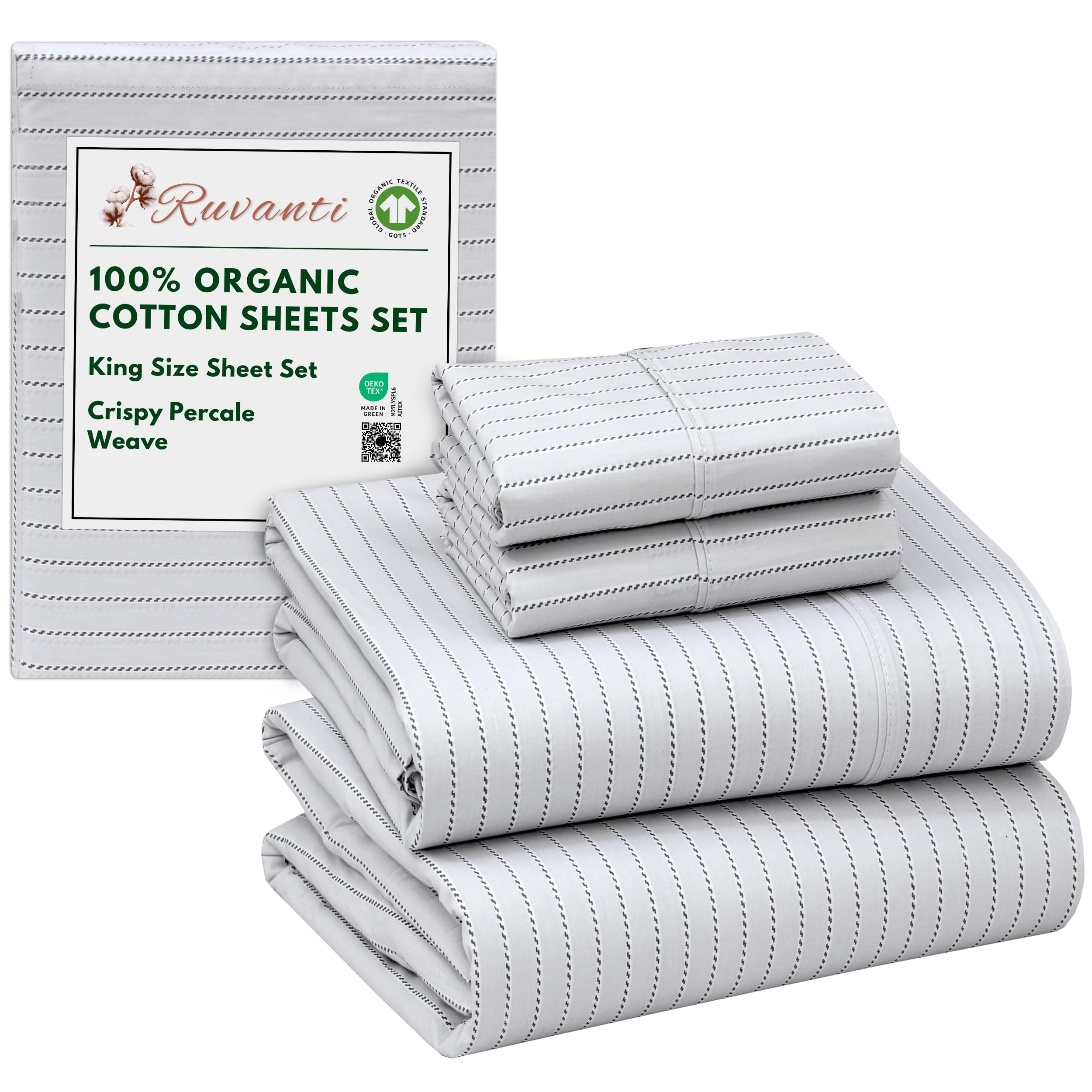 RUVANTI 100% Organic Cotton Sheets Queen Size, Percale Weave, GOTS Certified, 4-Piece Set, Deep Pocket 15", Crisp & Breathable, Soft Durable Bedding, Sábanas Algodón Orgánico – Daisy Bud