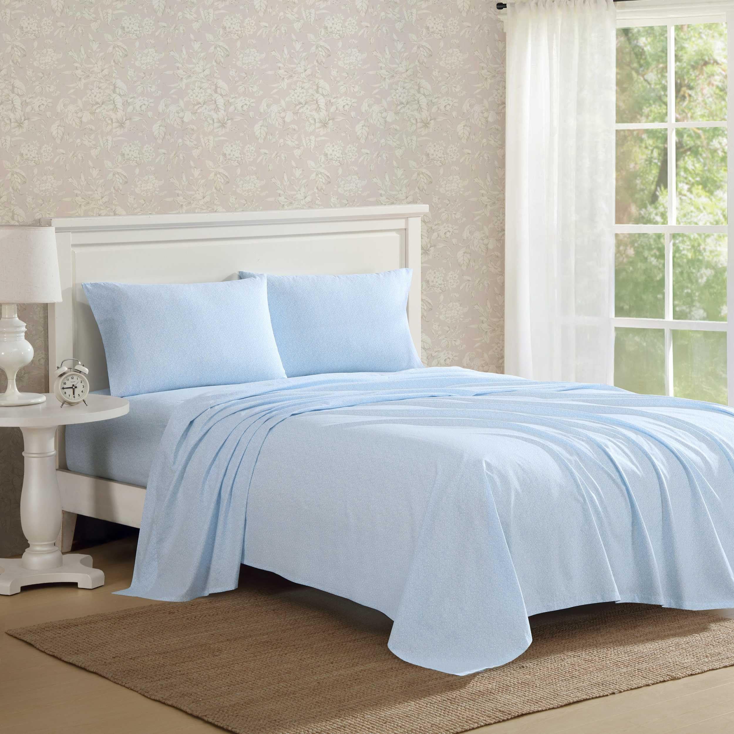 Laura Ashley - Queen Sheet Set, Crisp & Cool Sheets w/a Naturally Smooth Cotton Percale Feel, Deep Pocket, Bed Sheets with Matching Pillowcases & Fitted Sheet (Francesca Blue)
