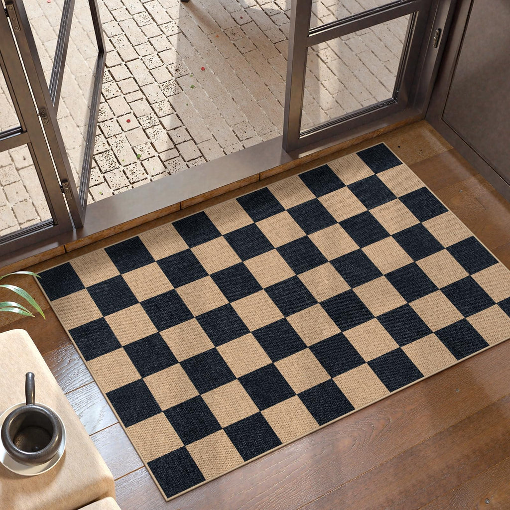 Lahome Colette Checkered Easy Jute Runner Rug, 2x8 Hallway Kitchen Runner Rug Non Slip Washable Outdoor Carpet for Entryway Indoor, Checkerboard Black Indoor Outdoor Carpet for Hallway 8ft Entry