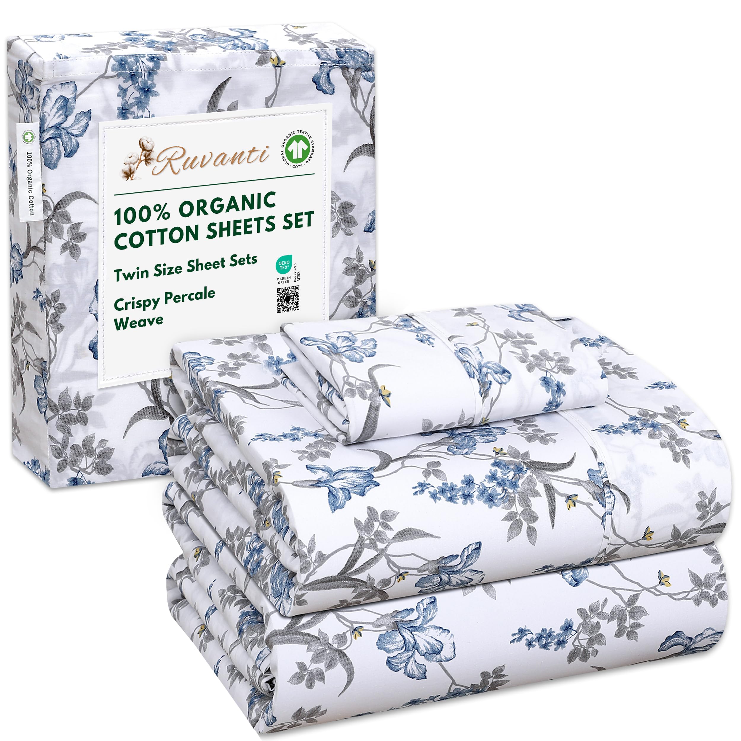 RUVANTI 100% Organic Cotton Sheets Queen Size, Percale Weave, GOTS Certified, 4-Piece Set, Deep Pocket 15", Crisp & Breathable, Soft Durable Bedding, Sábanas Algodón Orgánico – Daisy Bud