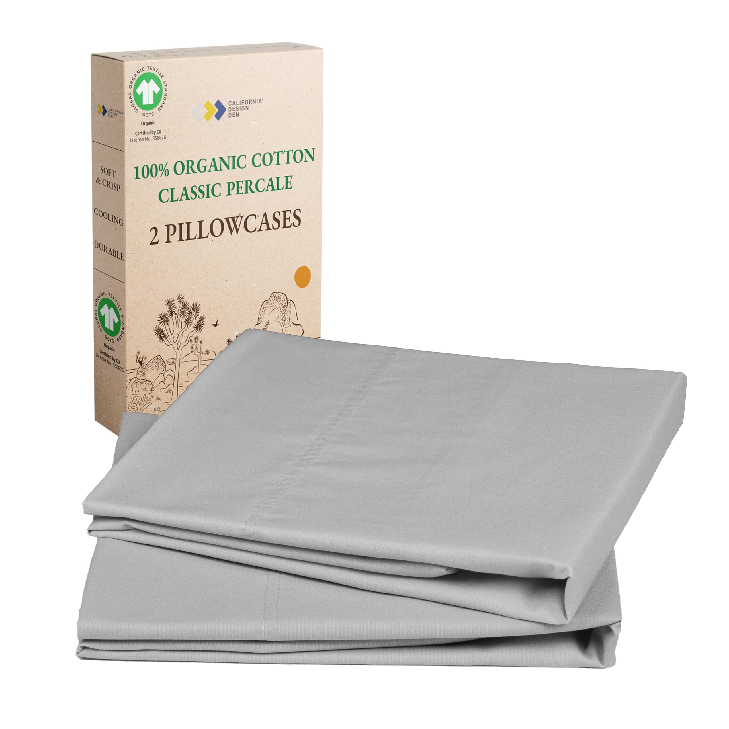 California Design Den 100% Organic Cotton Pillow Cases Queen/Standard Set of 2, Soft & Crisp Percale Weave Cotton Pillowcases (Bright White)