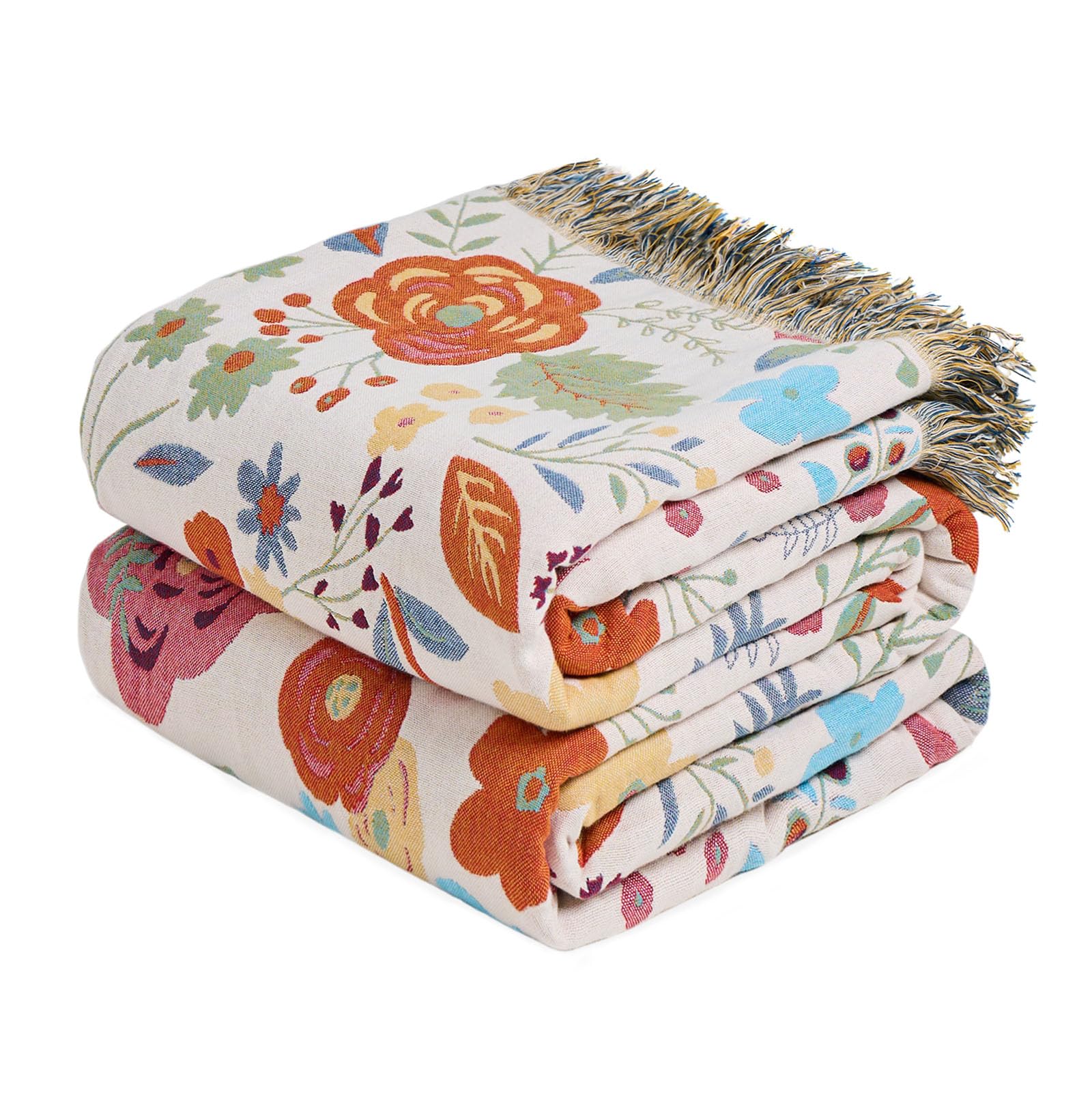 Boho Throw Blanket - 100% Cotton Soft Spring Throw Blanket for Bed, 90"x108" Reversible Breathable Lightweight Blankets, All Seasons Farmhouse Decor Floral Plant Butterfly Throw Quilt