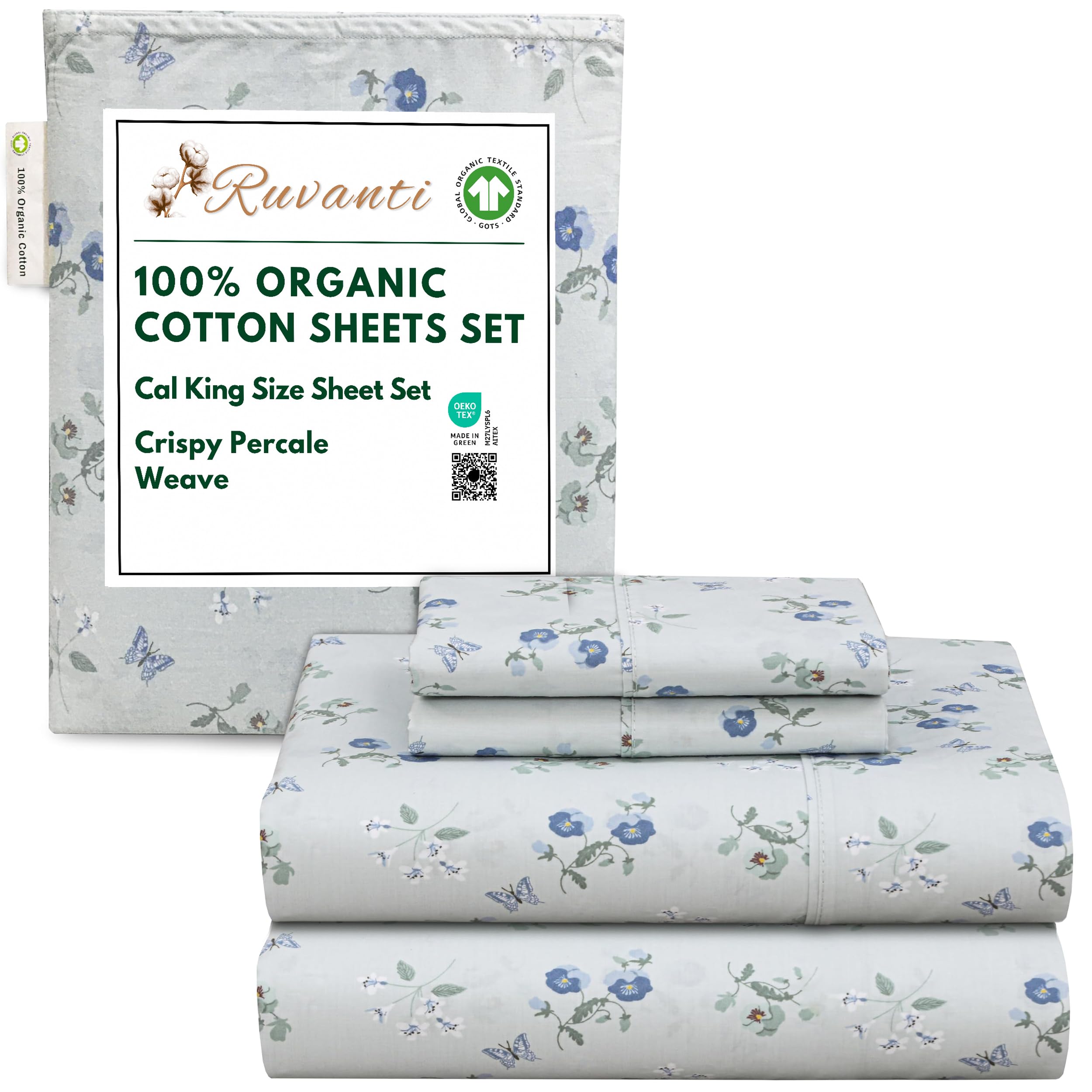 RUVANTI 100% Organic Cotton Sheets Queen Size, Percale Weave, GOTS Certified, 4-Piece Set, Deep Pocket 15", Crisp & Breathable, Soft Durable Bedding, Sábanas Algodón Orgánico – Daisy Bud