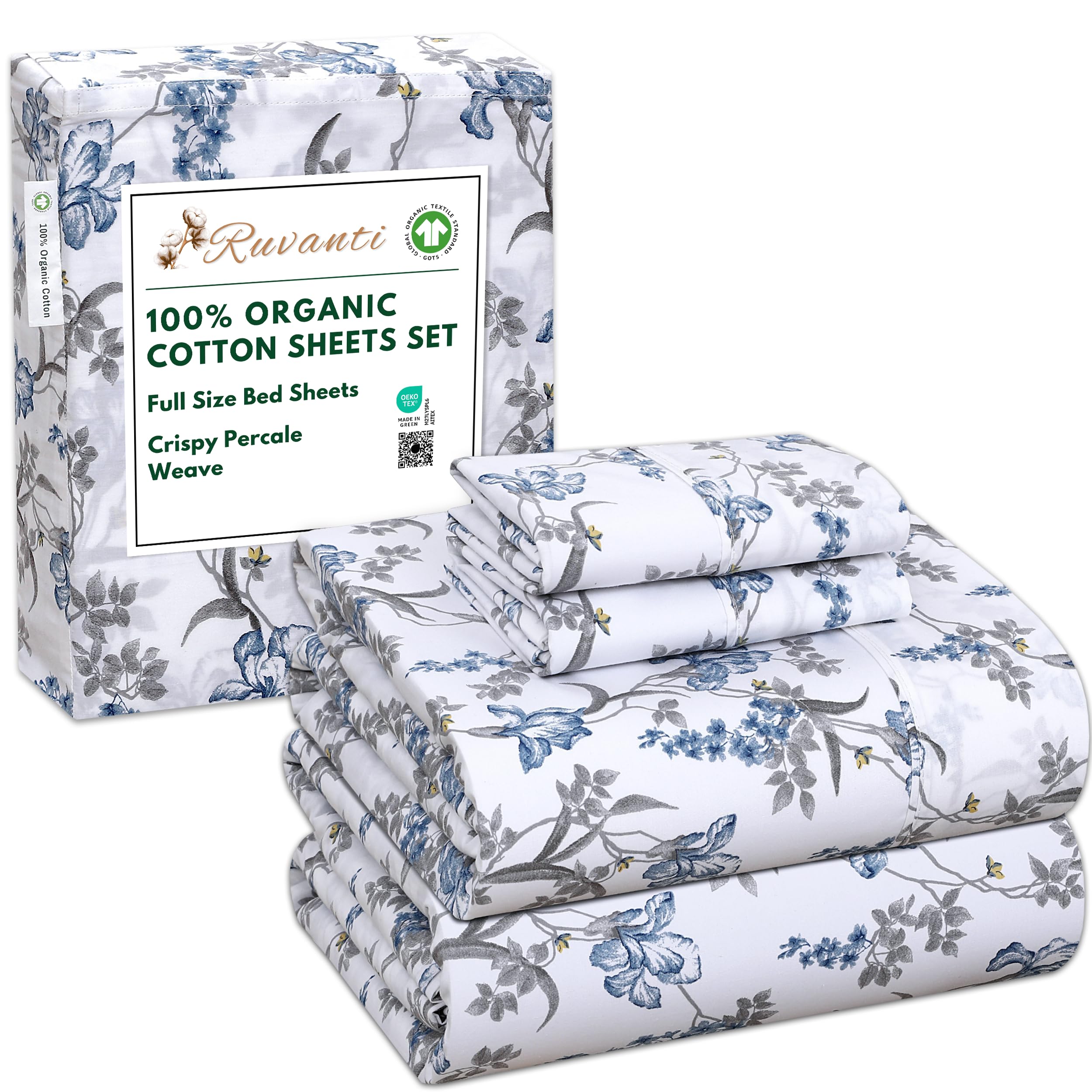 RUVANTI 100% Organic Cotton Sheets Queen Size, Percale Weave, GOTS Certified, 4-Piece Set, Deep Pocket 15", Crisp & Breathable, Soft Durable Bedding, Sábanas Algodón Orgánico – Daisy Bud