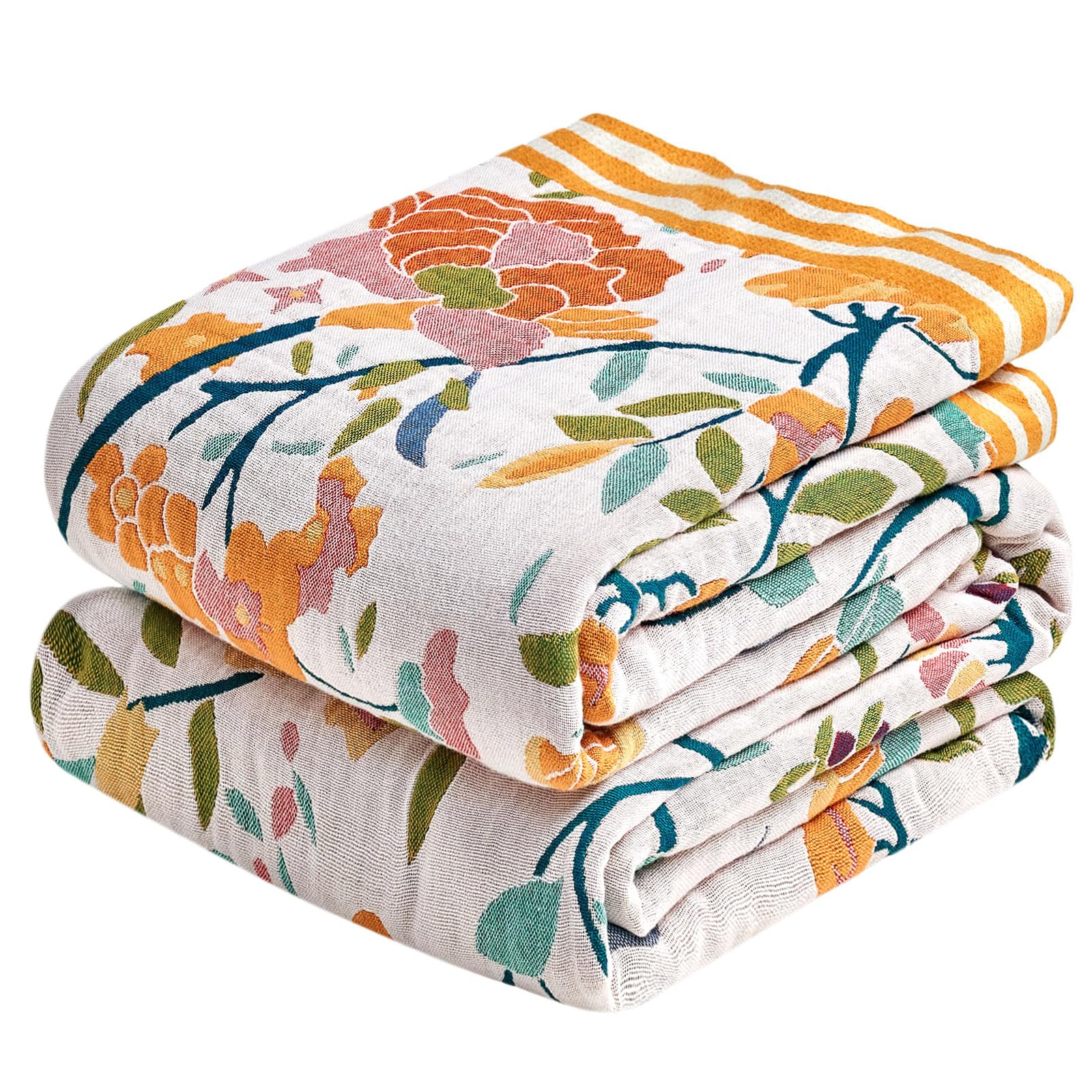Boho Throw Blanket - 100% Cotton Soft Spring Throw Blanket for Bed, 90"x108" Reversible Breathable Lightweight Blankets, All Seasons Farmhouse Decor Floral Plant Butterfly Throw Quilt
