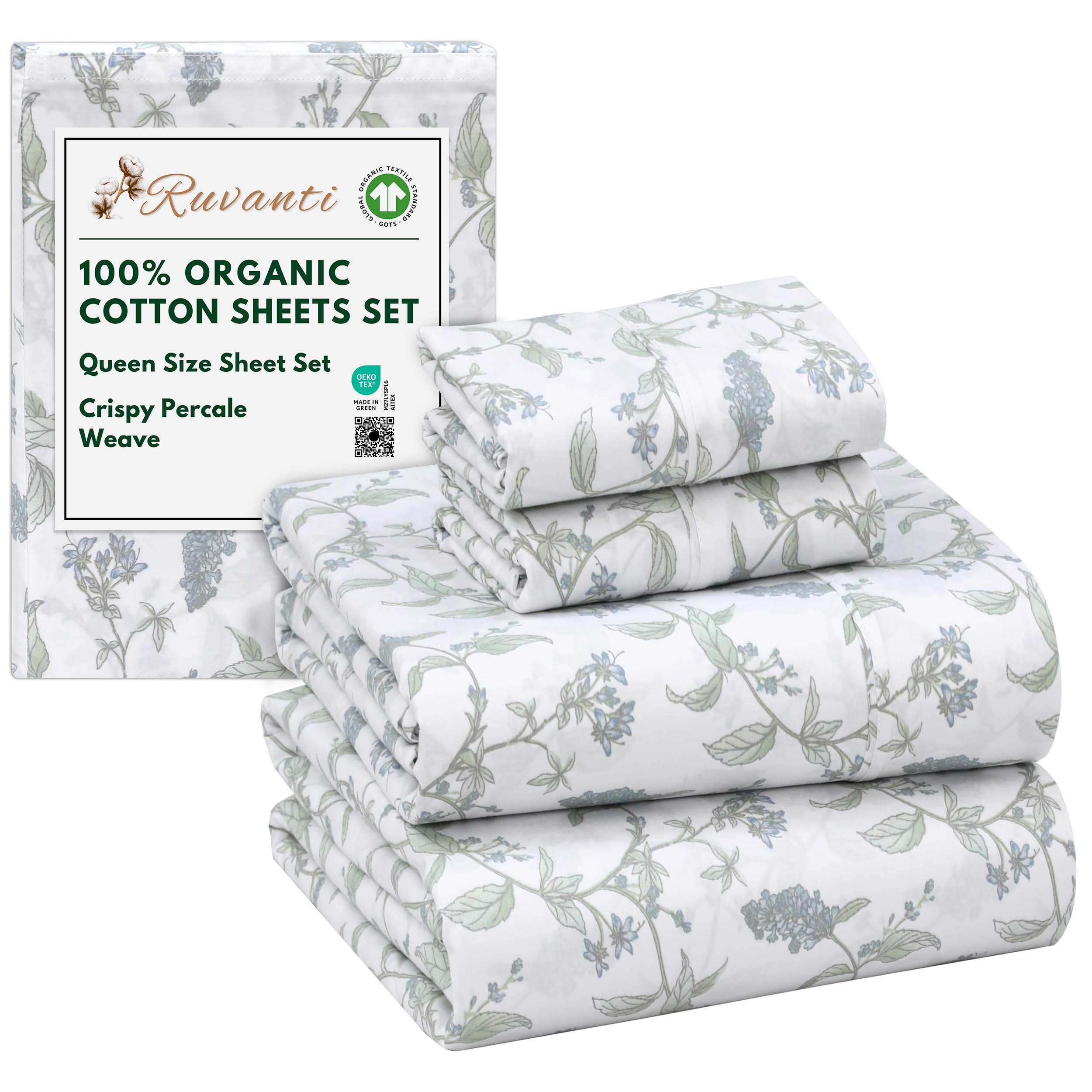 RUVANTI 100% Organic Cotton Sheets Queen Size, Percale Weave, GOTS Certified, 4-Piece Set, Deep Pocket 15", Crisp & Breathable, Soft Durable Bedding, Sábanas Algodón Orgánico – Daisy Bud