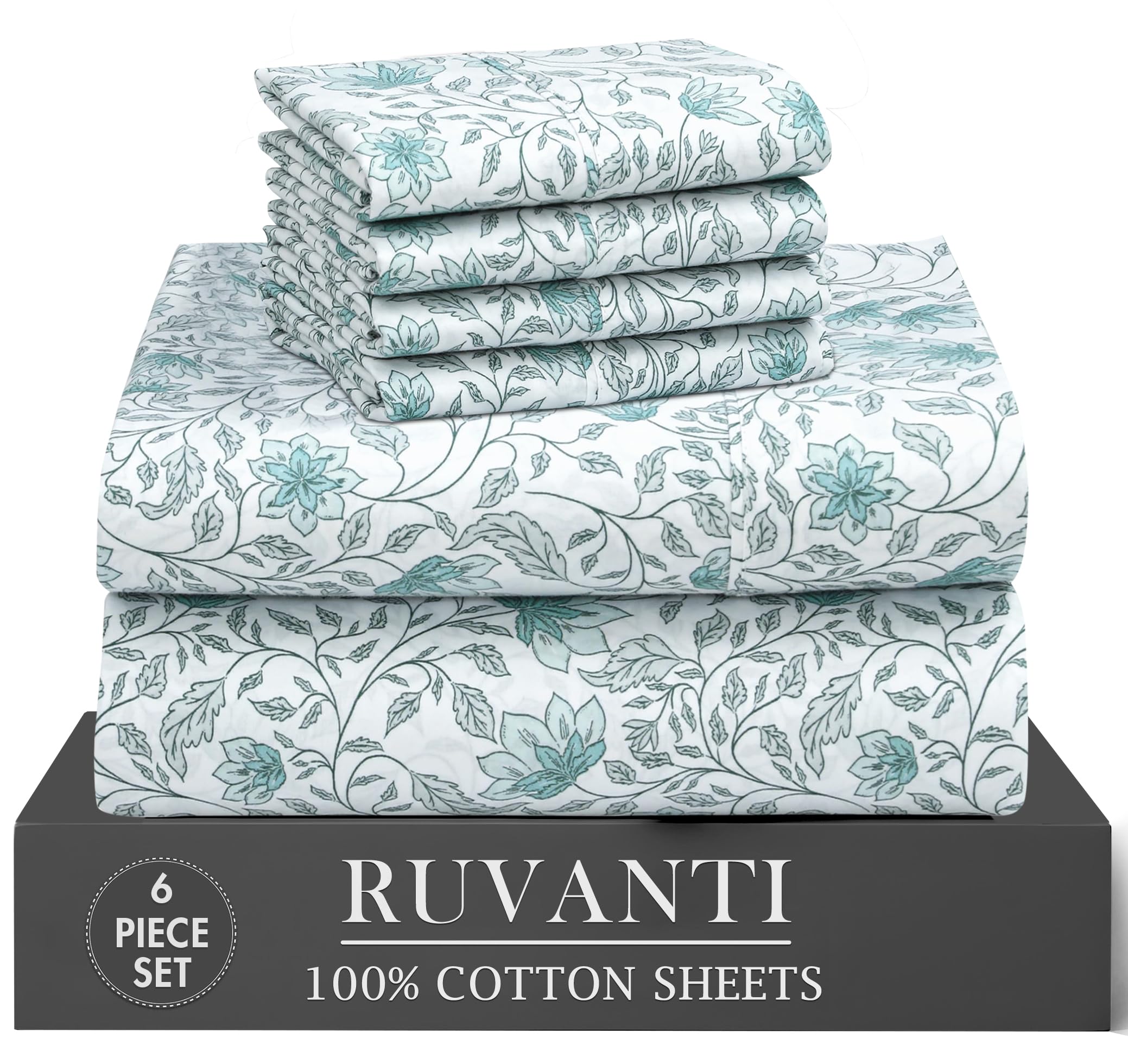 RUVANTI 6 Pcs Cotton Sheets - 100% Natural Cotton Soft, Lightweight & Breathable Crispy Percale Bed Sheets, Queen Sheet Set 16" Deep Pockets, Wild Flower