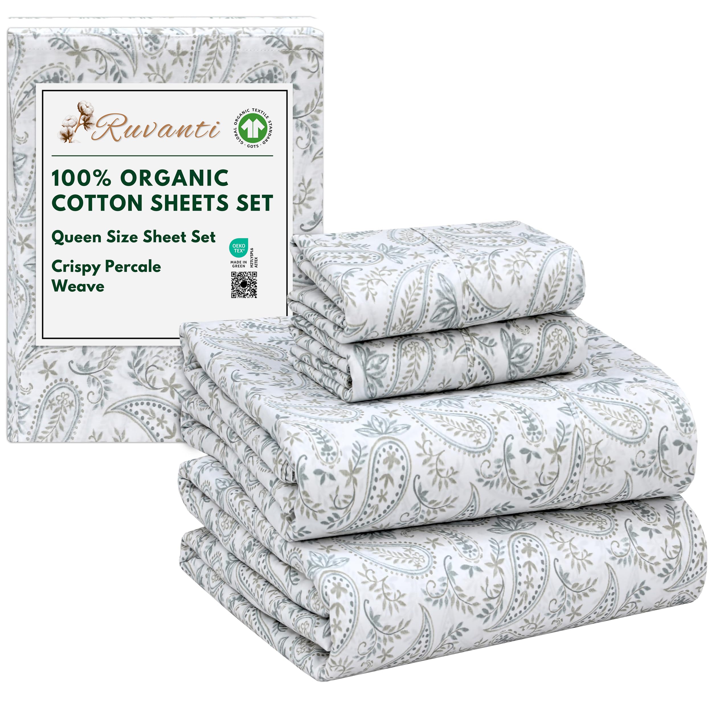 RUVANTI 100% Organic Cotton Sheets Queen Size, Percale Weave, GOTS Certified, 4-Piece Set, Deep Pocket 15", Crisp & Breathable, Soft Durable Bedding, Sábanas Algodón Orgánico – Daisy Bud