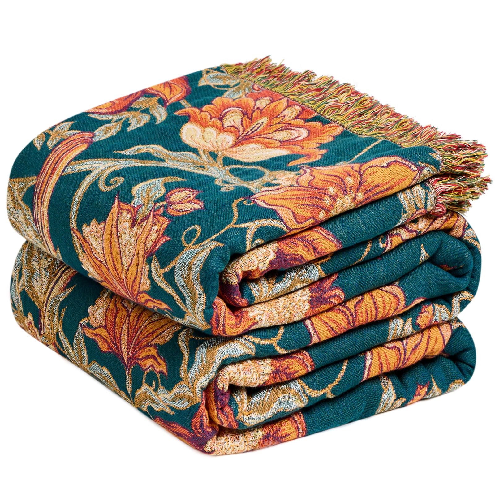 Boho Throw Blanket - 100% Cotton Soft Spring Throw Blanket for Bed, 90"x108" Reversible Breathable Lightweight Blankets, All Seasons Farmhouse Decor Floral Plant Butterfly Throw Quilt