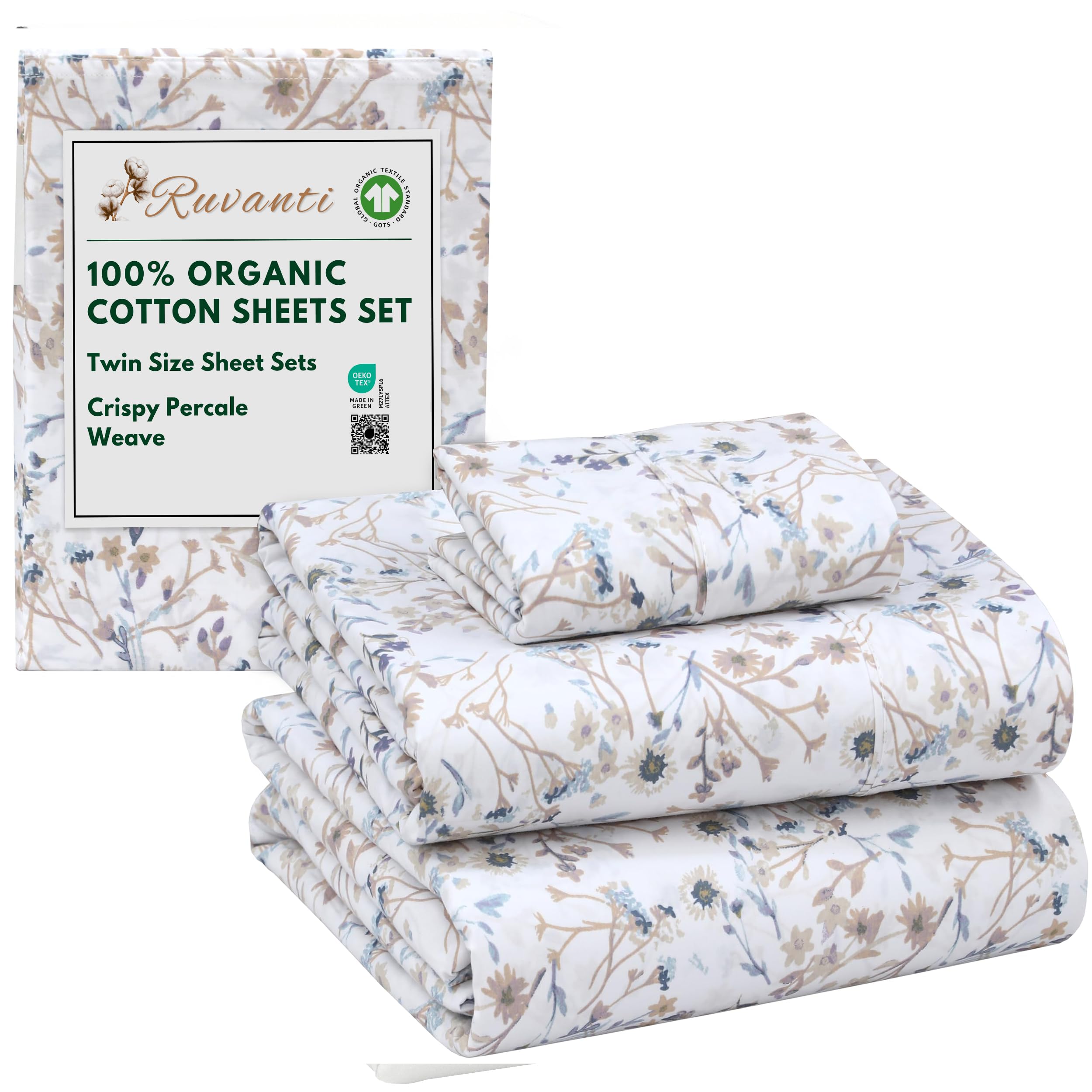 RUVANTI 100% Organic Cotton Sheets Queen Size, Percale Weave, GOTS Certified, 4-Piece Set, Deep Pocket 15", Crisp & Breathable, Soft Durable Bedding, Sábanas Algodón Orgánico – Daisy Bud