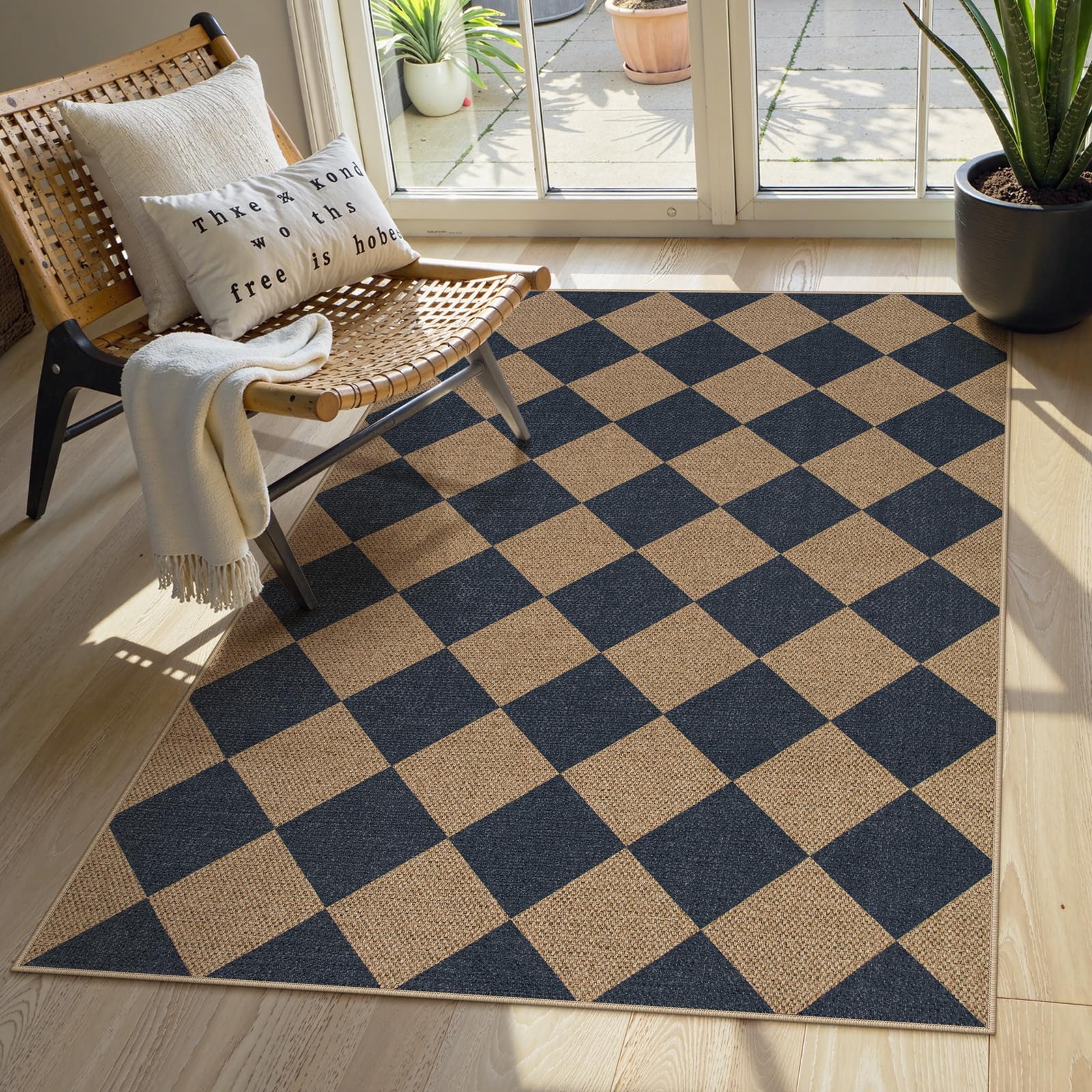 Lahome Colette Checkered Easy Jute Runner Rug, 2x8 Hallway Kitchen Runner Rug Non Slip Washable Outdoor Carpet for Entryway Indoor, Checkerboard Black Indoor Outdoor Carpet for Hallway 8ft Entry