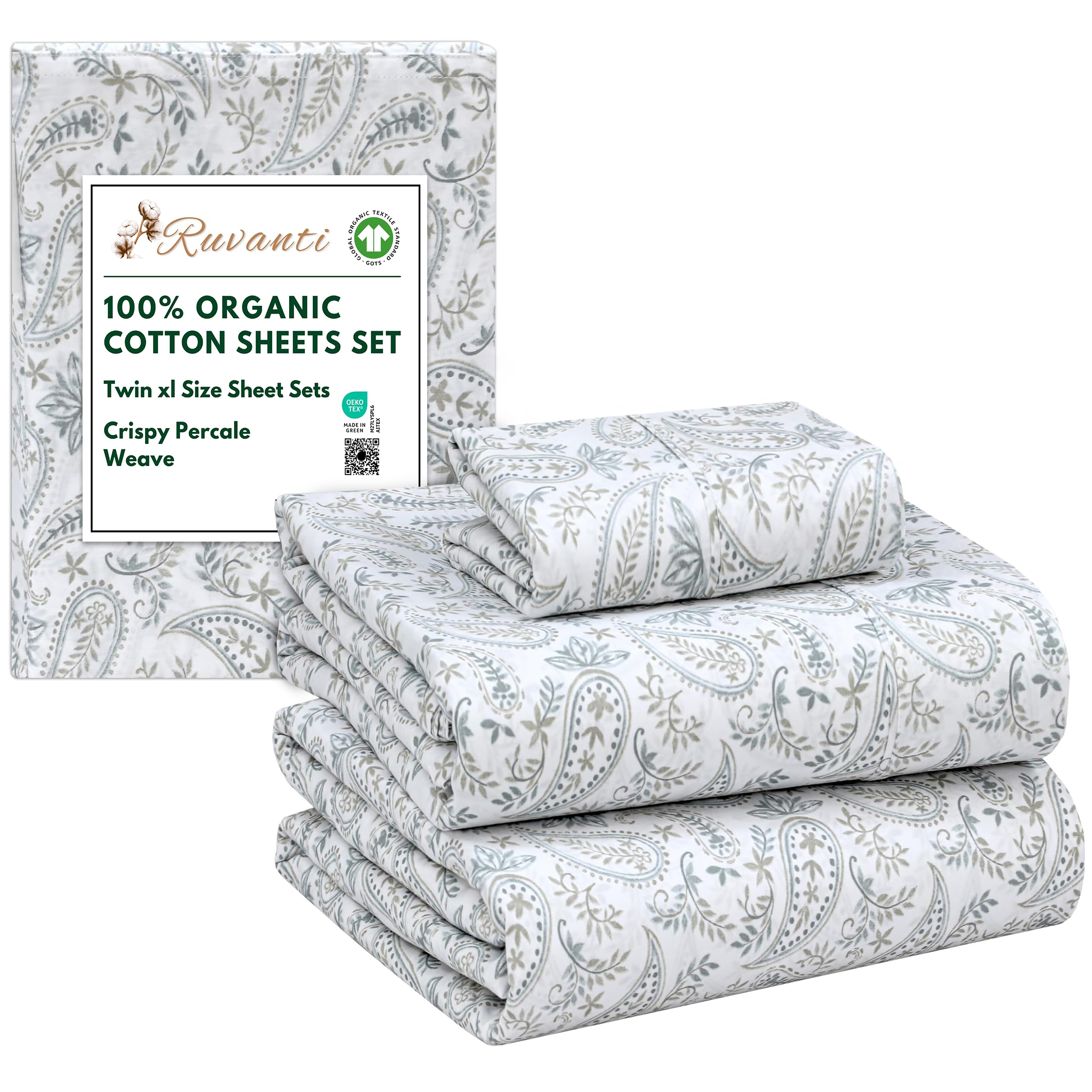 RUVANTI 100% Organic Cotton Sheets Queen Size, Percale Weave, GOTS Certified, 4-Piece Set, Deep Pocket 15", Crisp & Breathable, Soft Durable Bedding, Sábanas Algodón Orgánico – Daisy Bud